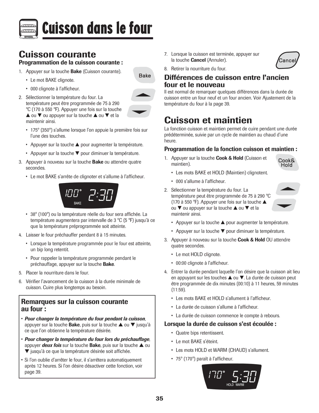 Amana 8113P598-60 manual Cuisson courante, Cuisson et maintien, Remarques sur la cuisson courante au four 