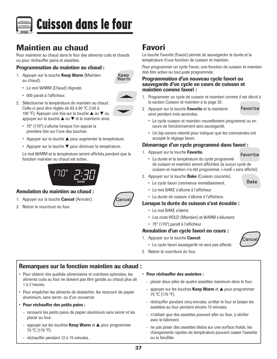 Amana 8113P598-60 manual Maintien au chaud, Favori, Remarques sur la fonction maintien au chaud 