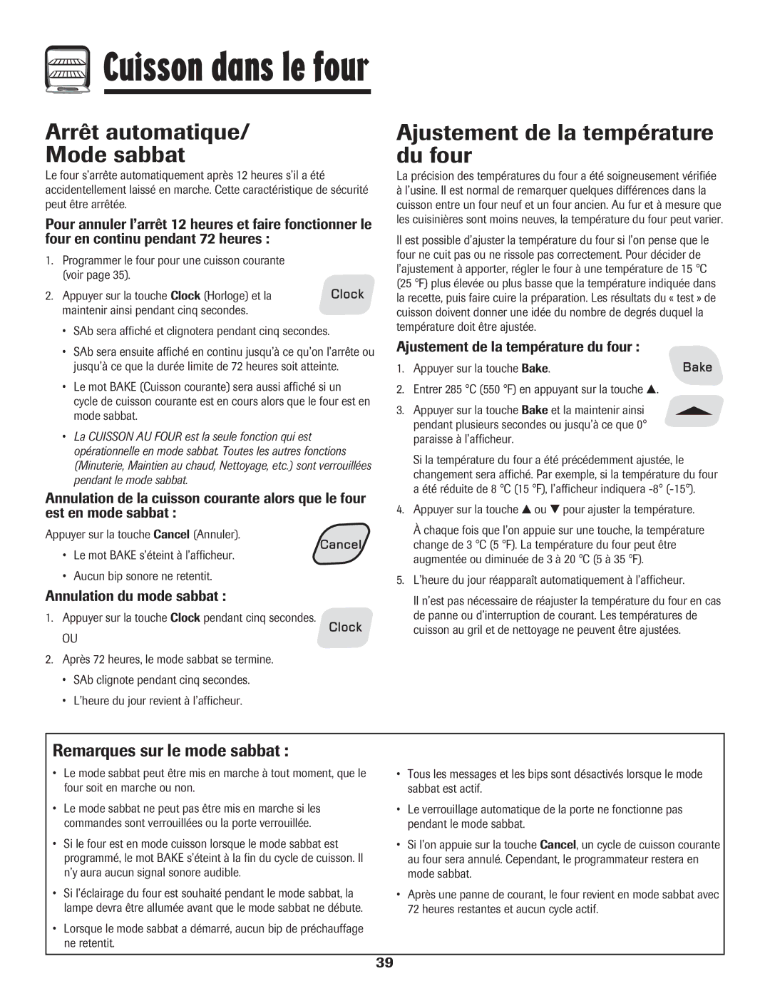 Amana 8113P598-60 manual Arrêt automatique Mode sabbat, Ajustement de la température du four, Remarques sur le mode sabbat 