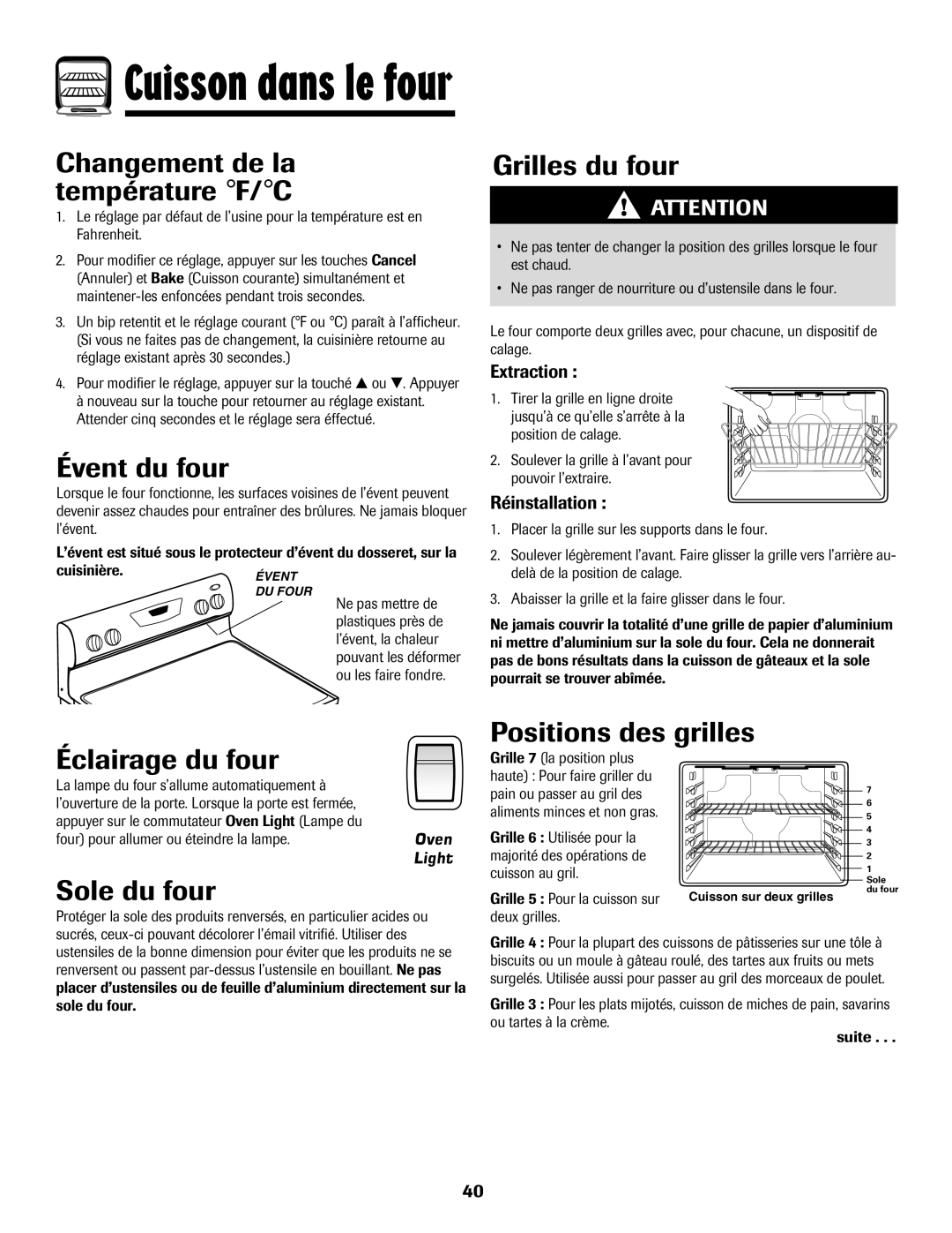 Amana 8113P598-60 manual Changement de la température F/C, Évent du four, Grilles du four, Éclairage du four, Sole du four 