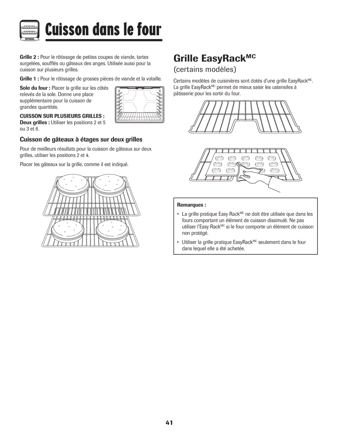 Amana 8113P598-60 manual Grille EasyRackMC, Certains modèles, Cuisson de gâteaux à étages sur deux grilles 