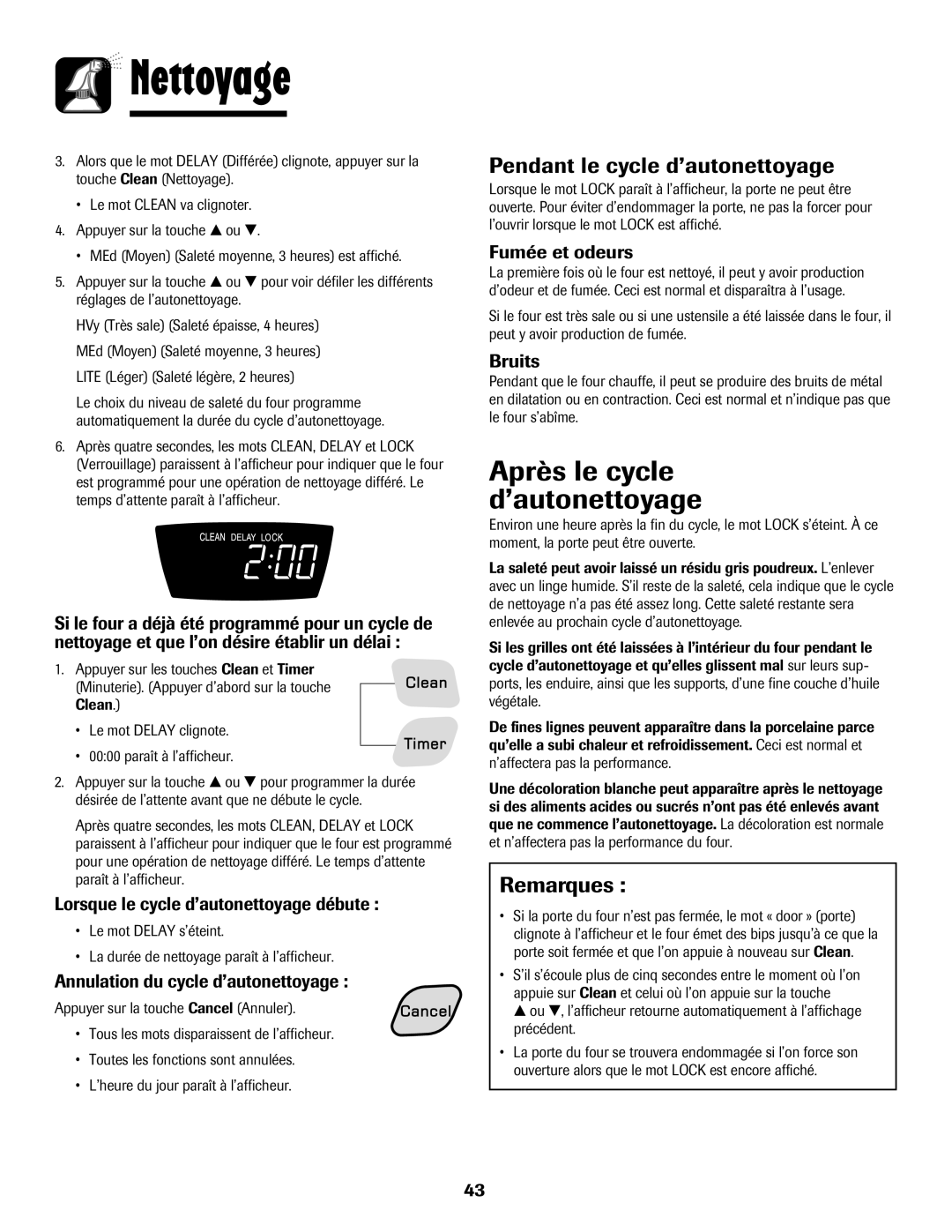 Amana 8113P598-60 manual Après le cycle d’autonettoyage, Pendant le cycle d’autonettoyage, Remarques 