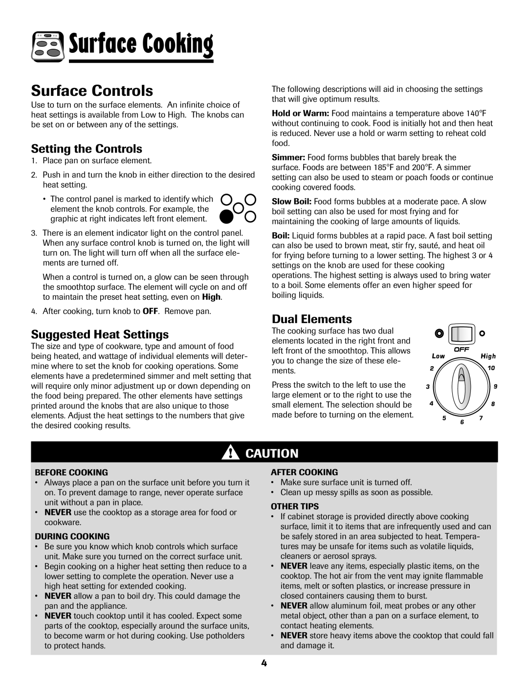 Amana 8113P598-60 manual Surface Controls, Setting the Controls, Suggested Heat Settings, Dual Elements 