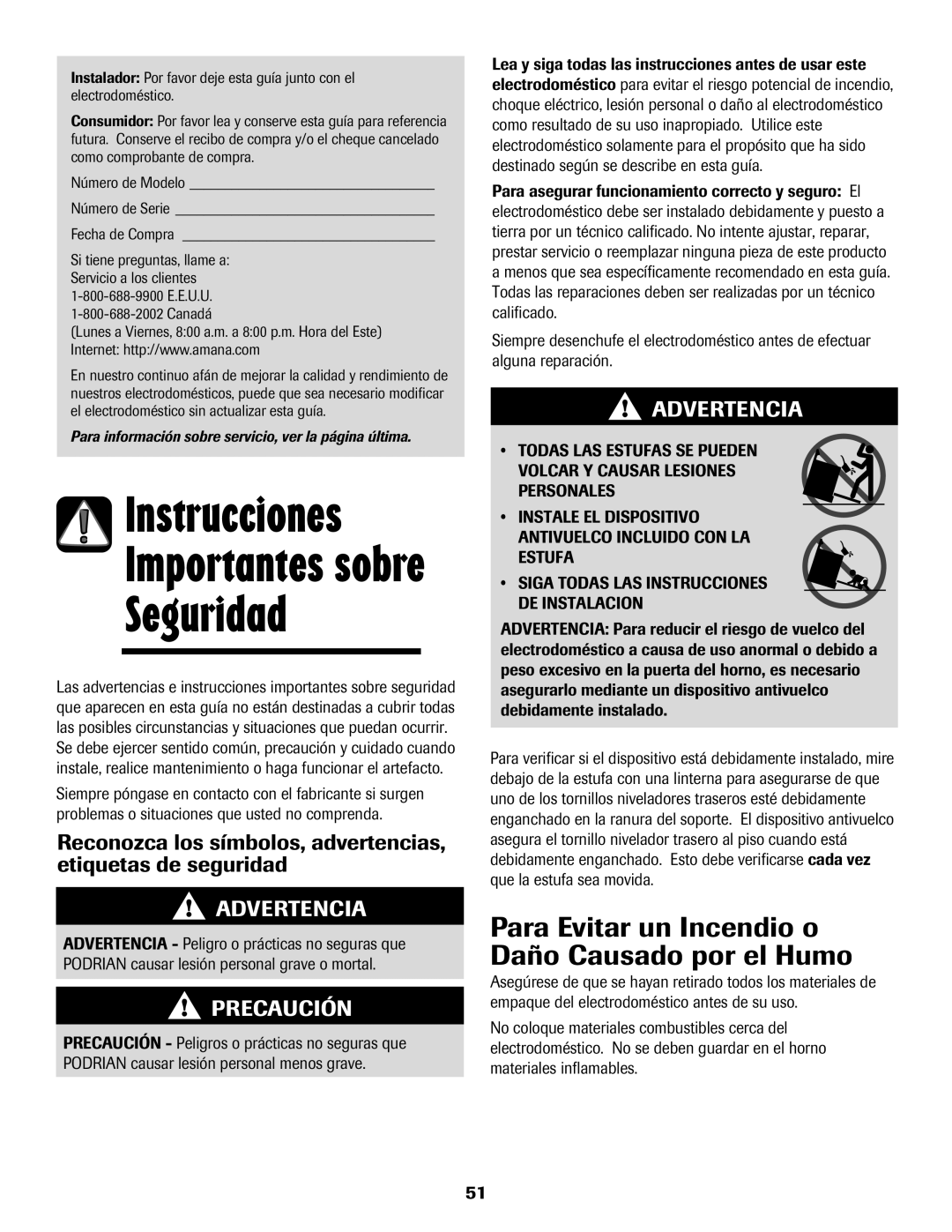 Amana 8113P598-60 manual Para Evitar un Incendio o Daño Causado por el Humo, Fecha de Compra, Canadá 