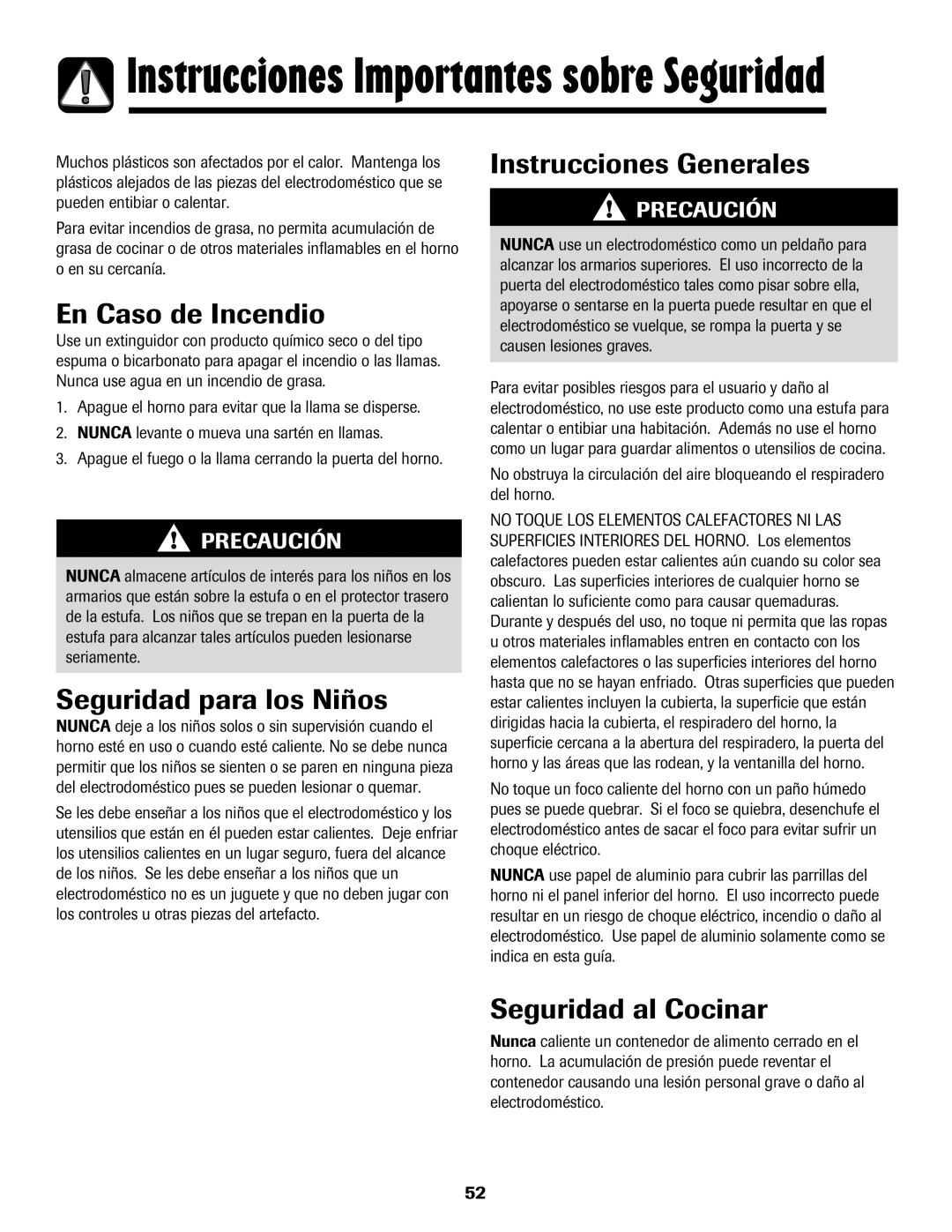 Amana 8113P598-60 manual En Caso de Incendio, Seguridad para los Niños, Instrucciones Generales, Seguridad al Cocinar 