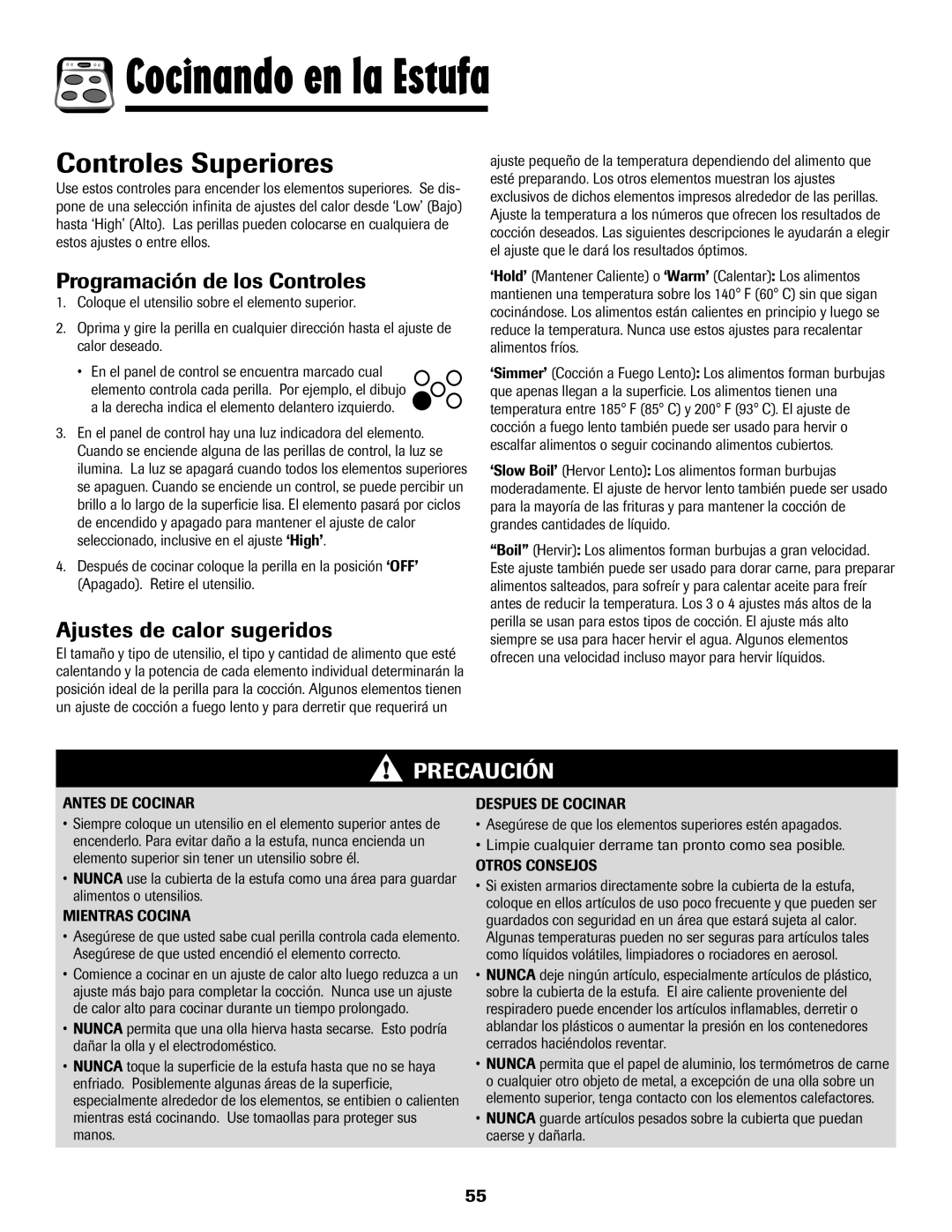 Amana 8113P598-60 Cocinando en la Estufa, Controles Superiores, Programación de los Controles, Ajustes de calor sugeridos 