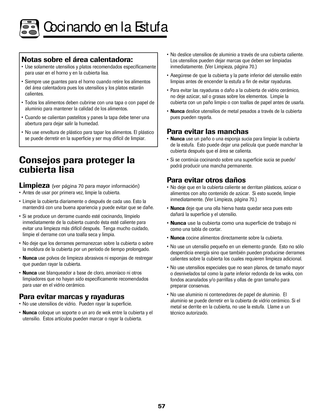 Amana 8113P598-60 Consejos para proteger la cubierta lisa, Notas sobre el área calentadora, Para evitar marcas y rayaduras 