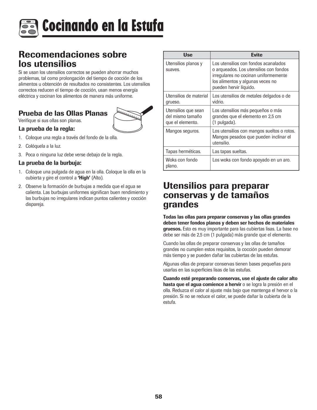 Amana 8113P598-60 manual Recomendaciones sobre los utensilios, Utensilios para preparar conservas y de tamaños grandes 