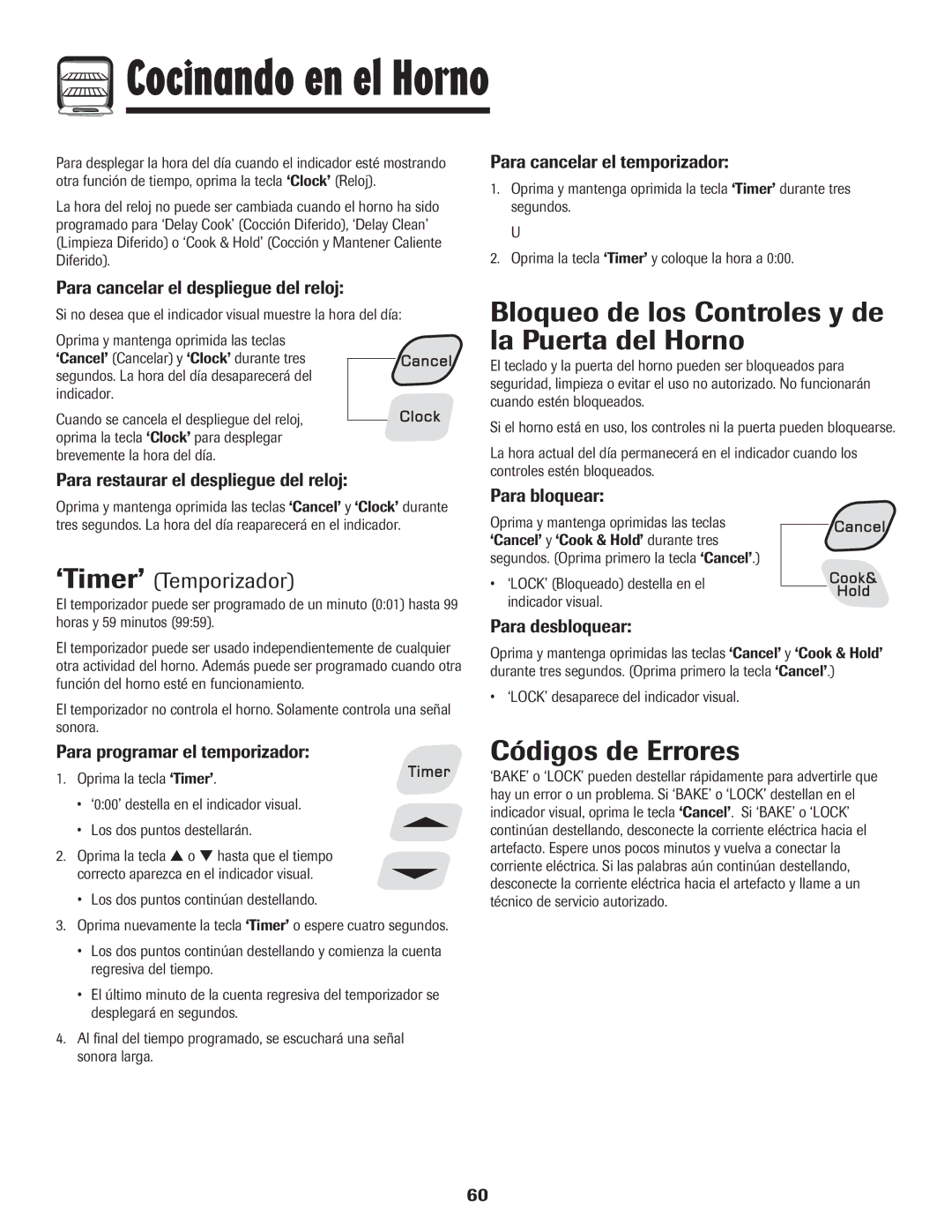 Amana 8113P598-60 manual Bloqueo de los Controles y de la Puerta del Horno, Códigos de Errores, ‘Timer’ Temporizador 