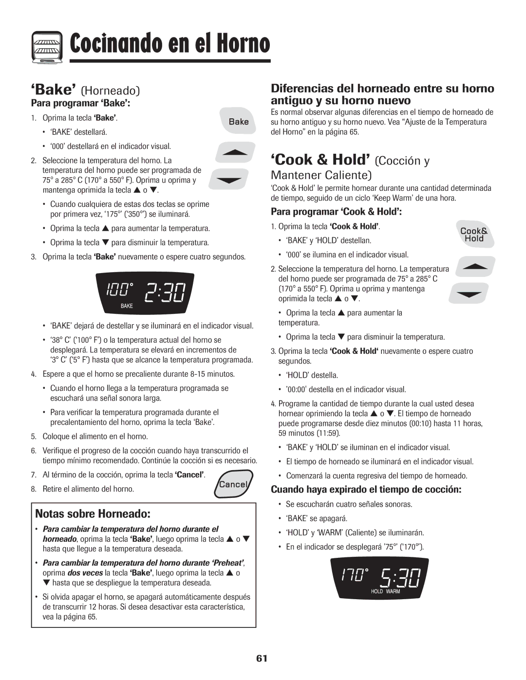 Amana 8113P598-60 manual ‘Cook & Hold’ Cocción y, ‘Bake’ Horneado, Notas sobre Horneado, Mantener Caliente 