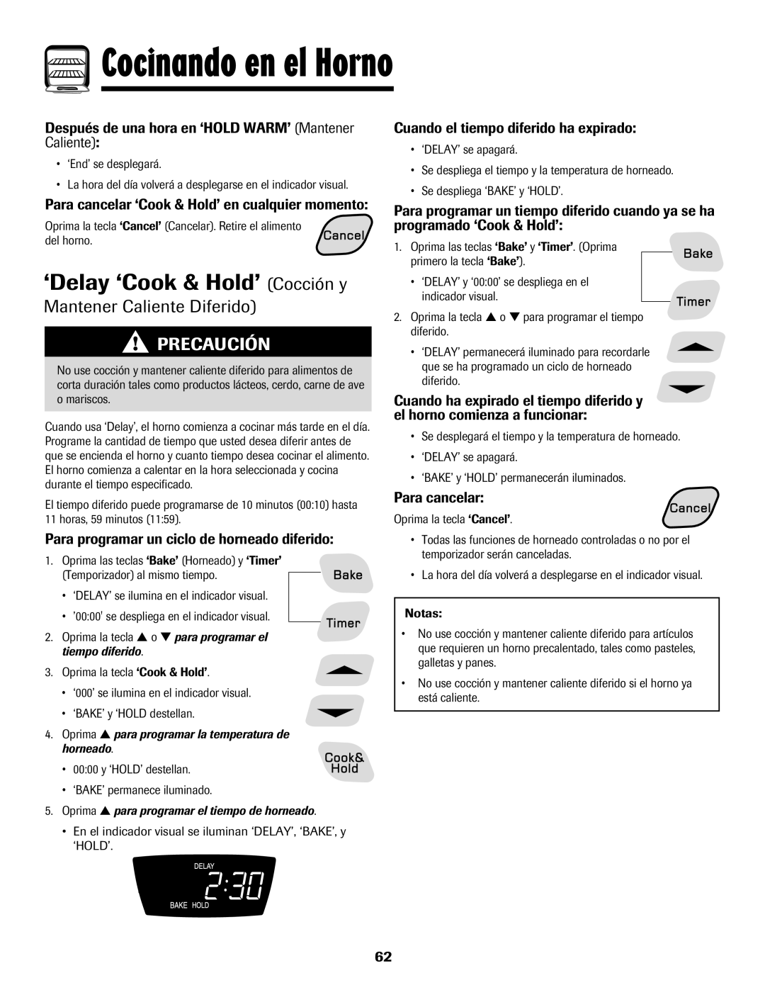 Amana 8113P598-60 manual ‘Delay ‘Cook & Hold’ Cocción y, Mantener Caliente Diferido 