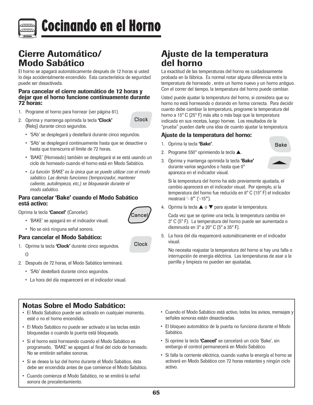 Amana 8113P598-60 manual Cierre Automático Modo Sabático, Ajuste de la temperatura del horno, Notas Sobre el Modo Sabático 