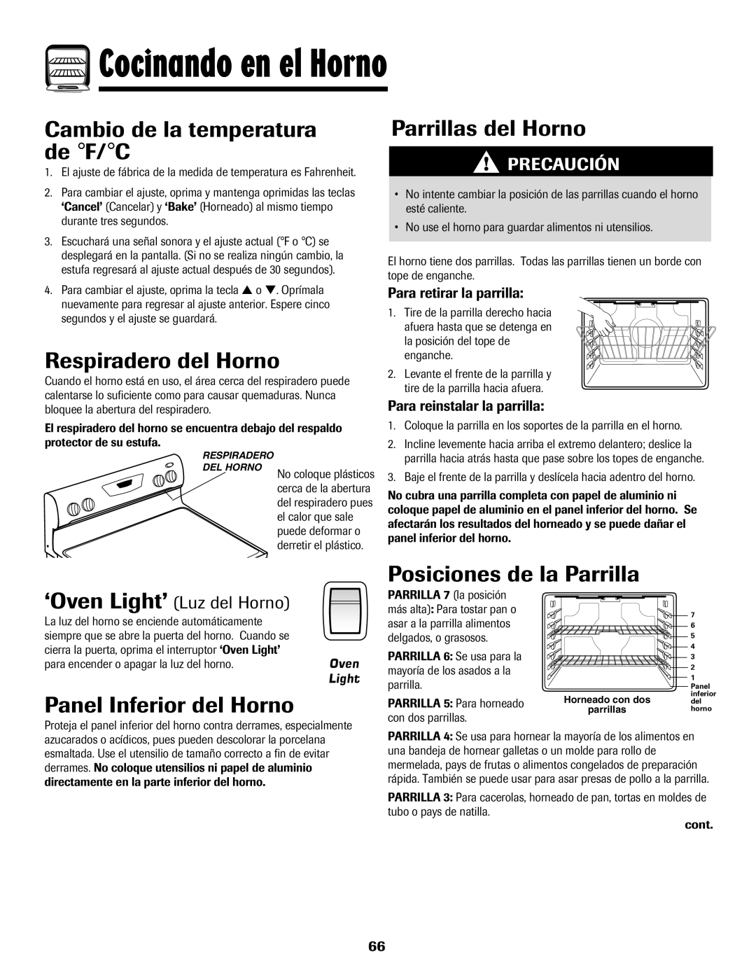 Amana 8113P598-60 Cambio de la temperatura de F/C, Parrillas del Horno, Respiradero del Horno, Posiciones de la Parrilla 