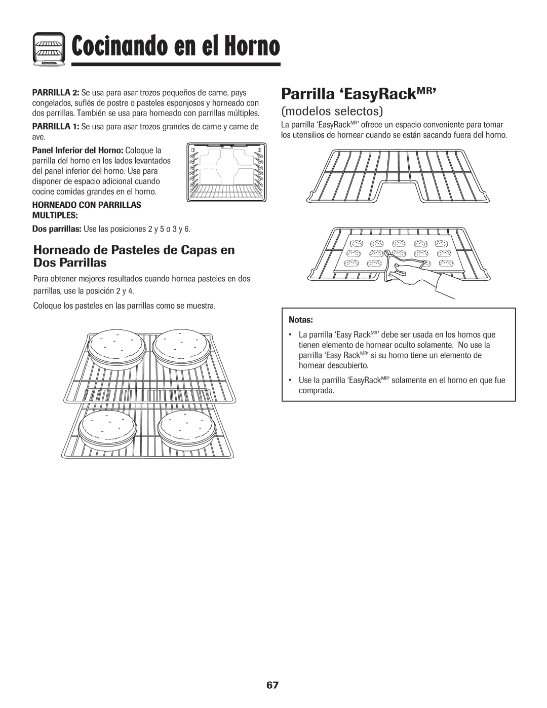 Amana 8113P598-60 manual Parrilla ‘EasyRackMR’, Horneado de Pasteles de Capas en Dos Parrillas, Modelos selectos 