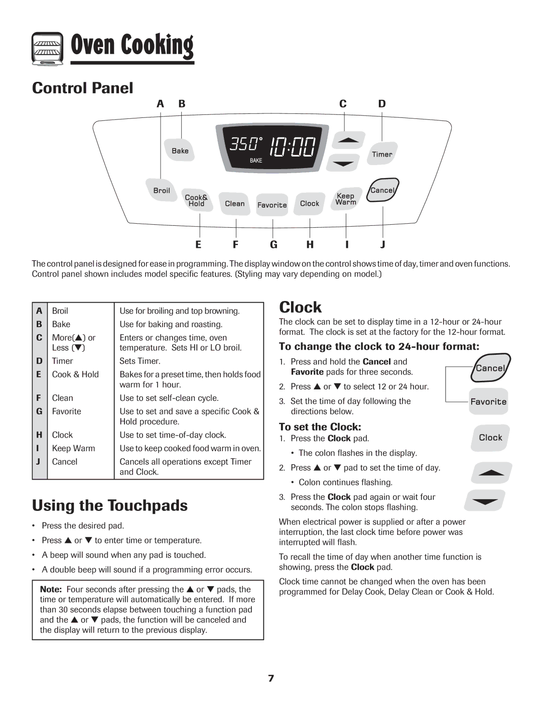 Amana 8113P598-60 manual Oven Cooking, Control Panel, Using the Touchpads, Clock, Bc D G H I J 