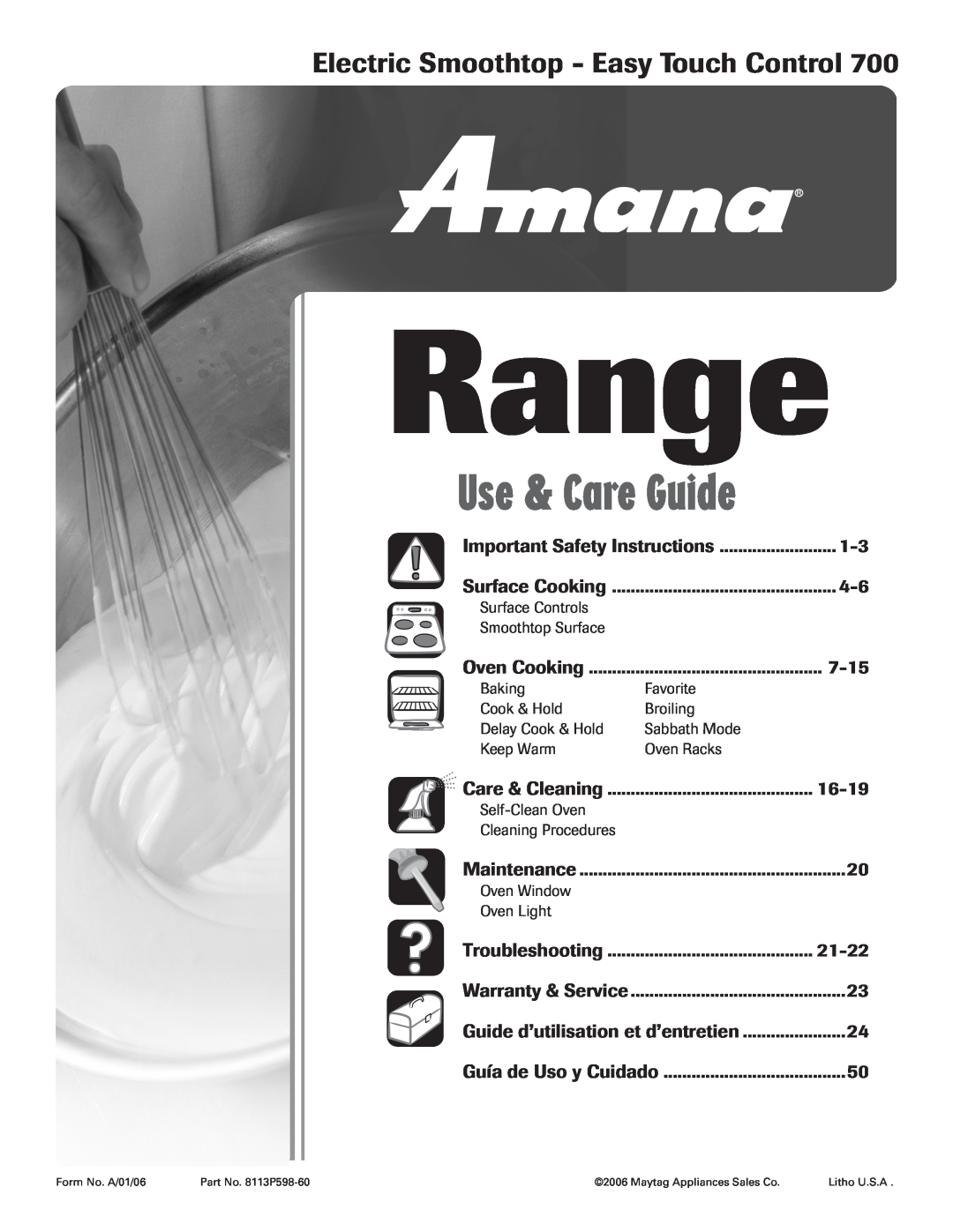Amana 8113P598-60 manual Range, Electric Smoothtop - Easy Touch Control, Important Safety Instructions, Oven Cooking, 7-15 