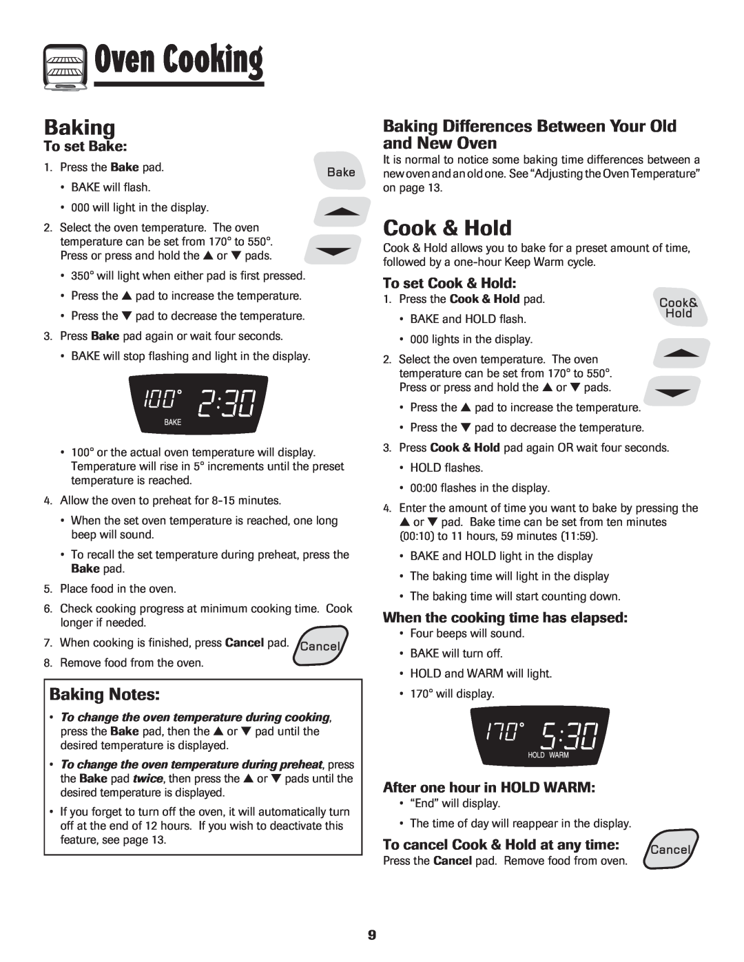 Amana 8113P598-60 manual Cook & Hold, Baking Differences Between Your Old and New Oven, Baking Notes, To set Bake 
