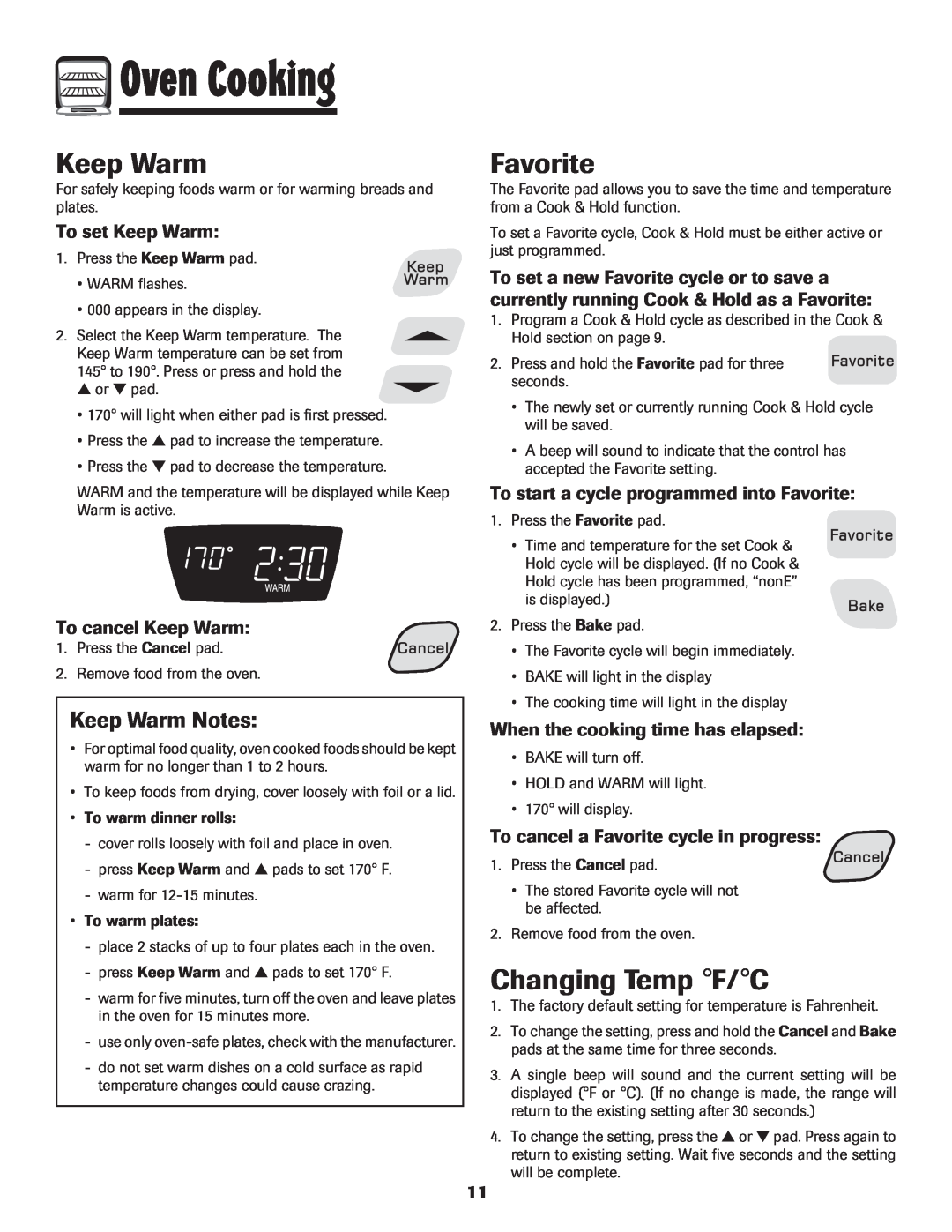 Amana 8113P598-60 Favorite, Changing Temp F/C, Keep Warm Notes, To set Keep Warm, To cancel Keep Warm, Oven Cooking 