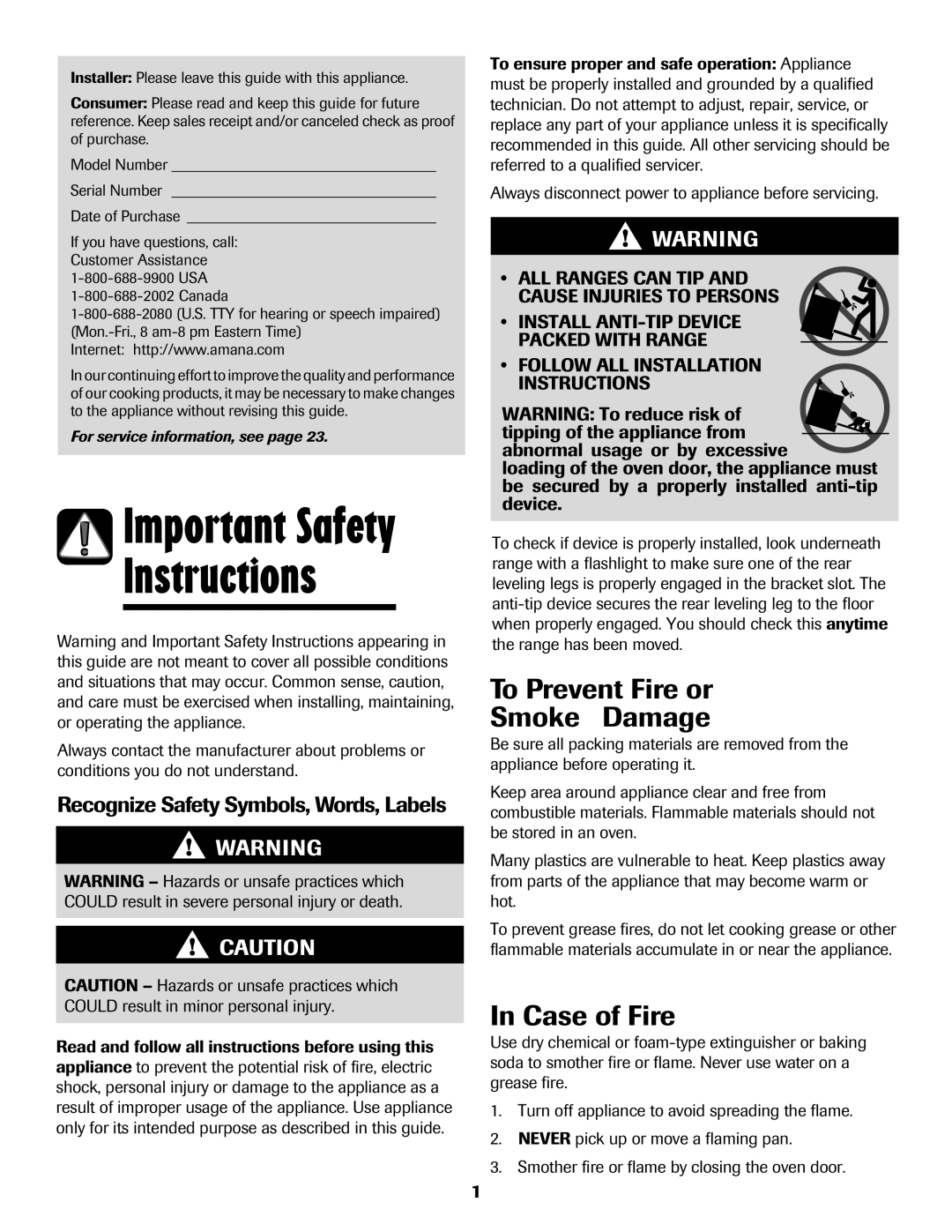 Amana 8113P598-60 manual Instructions, Important Safety, To Prevent Fire or Smoke Damage, In Case of Fire 