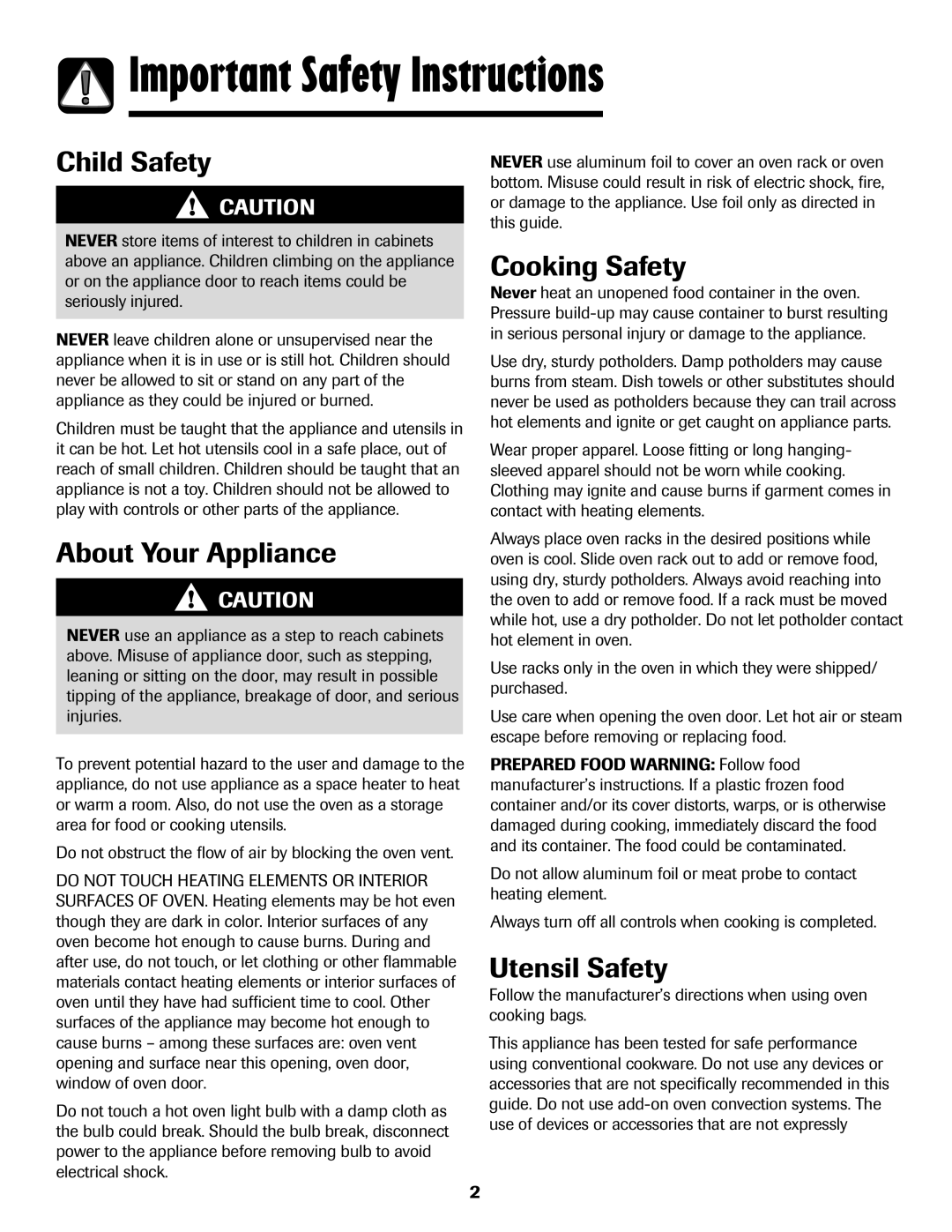 Amana 8113P598-60 manual Important Safety Instructions, Child Safety, About Your Appliance, Cooking Safety, Utensil Safety 