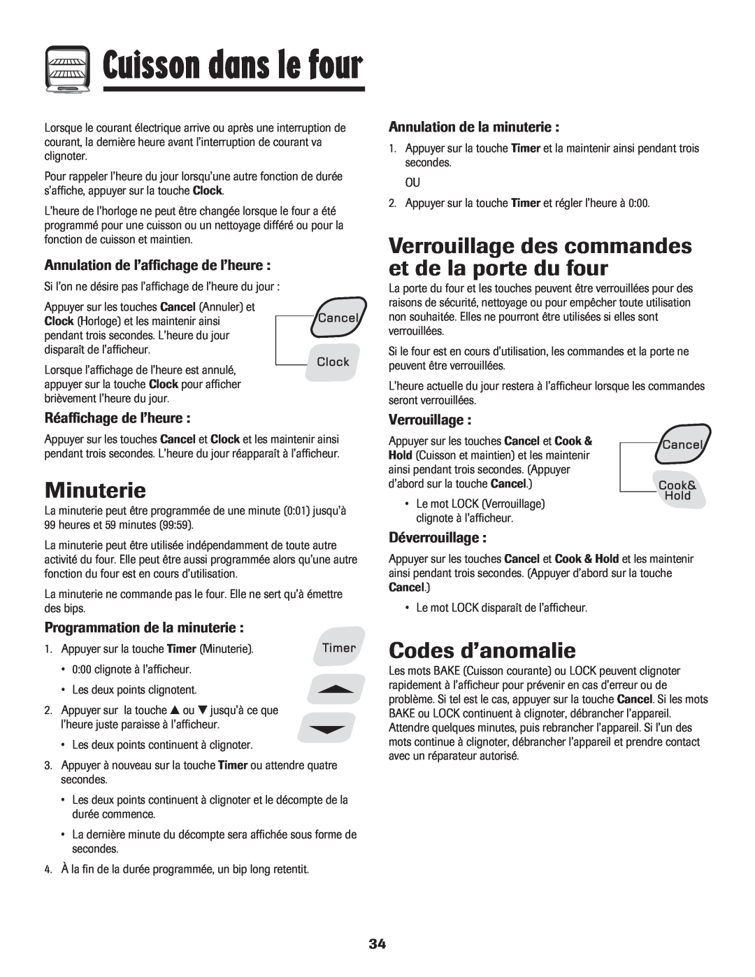 Amana 8113P598-60 Cuisson dans le four, Minuterie, Verrouillage des commandes et de la porte du four, Codes d’anomalie 