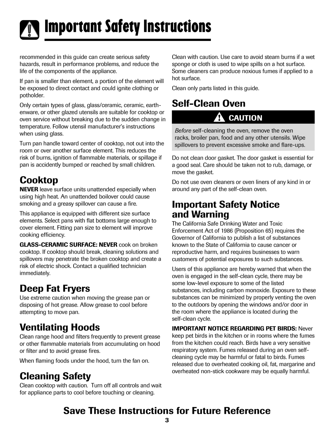 Amana 8113P598-60 manual Self-Clean Oven, Cooktop, Deep Fat Fryers, Important Safety Notice and Warning, Ventilating Hoods 