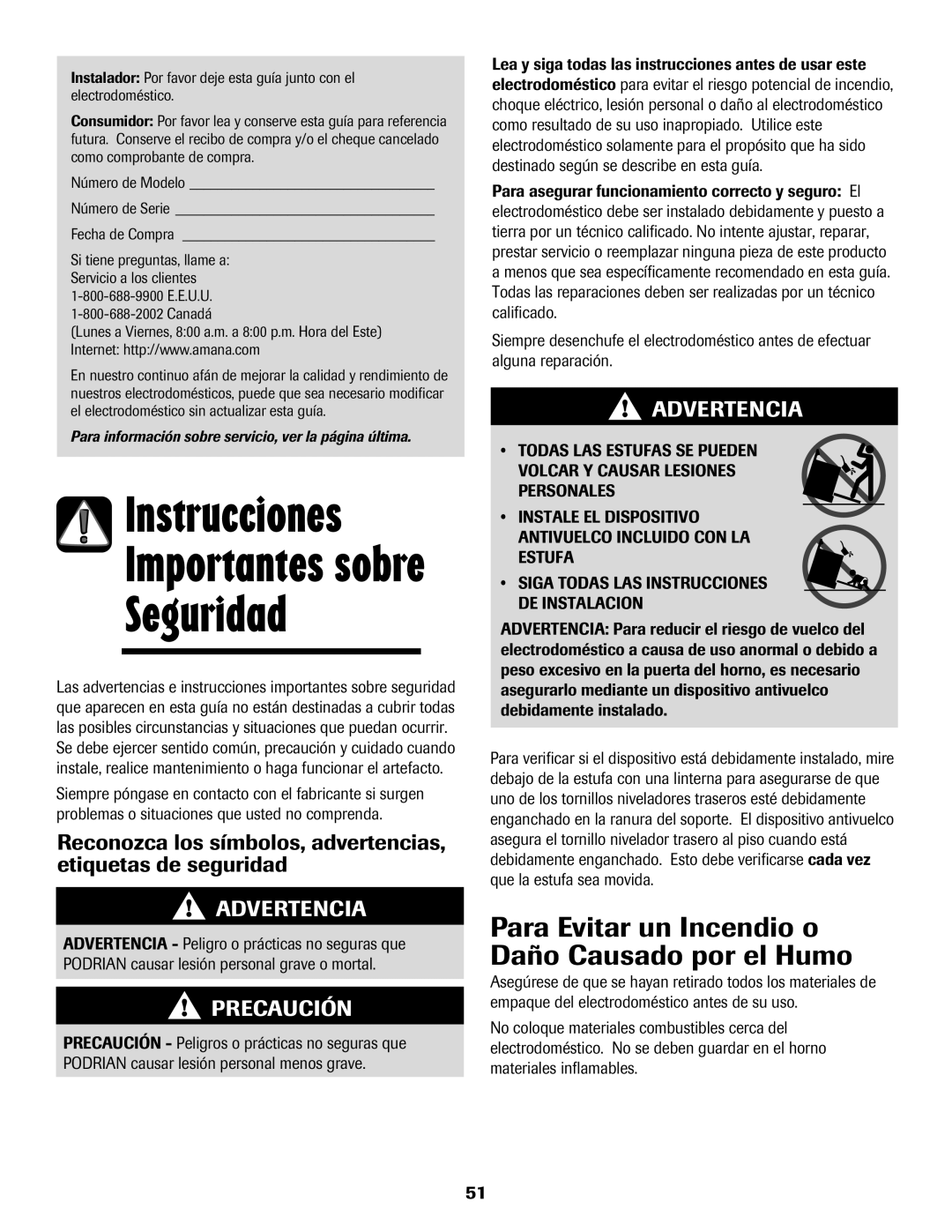 Amana 8113P598-60 manual Para Evitar un Incendio o Daño Causado por el Humo, Advertencia, Precaución 
