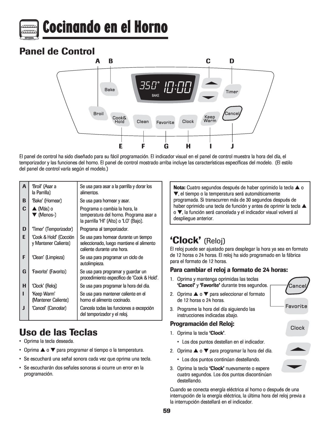 Amana 8113P598-60 manual Cocinando en el Horno, Panel de Control, Uso de las Teclas, ‘Clock’ Reloj, Programación del Reloj 