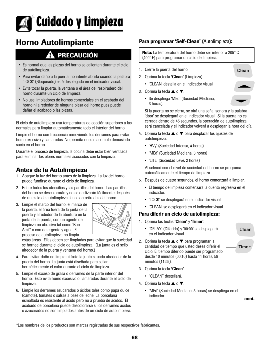 Amana 8113P598-60 manual Cuidado y Limpieza, Antes de la Autolimpieza, Para programar ‘Self-Clean’ Autolimpieza, Precaución 