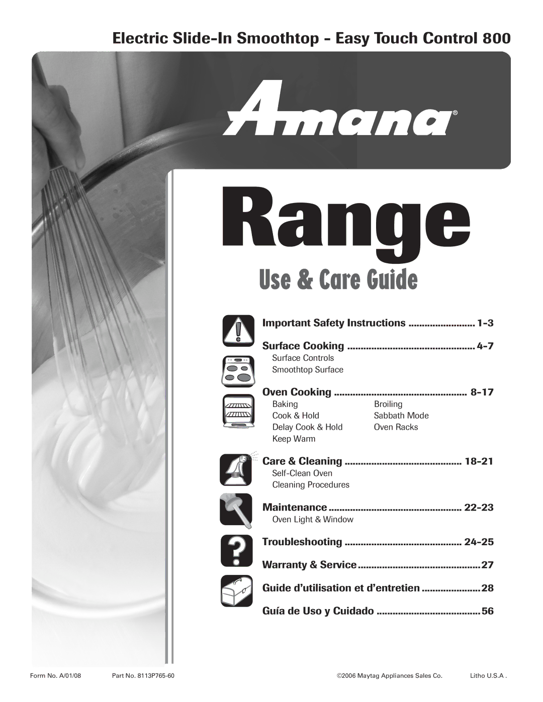 Amana 8113P765-60 important safety instructions Electric Slide-In Smoothtop Easy Touch Control 