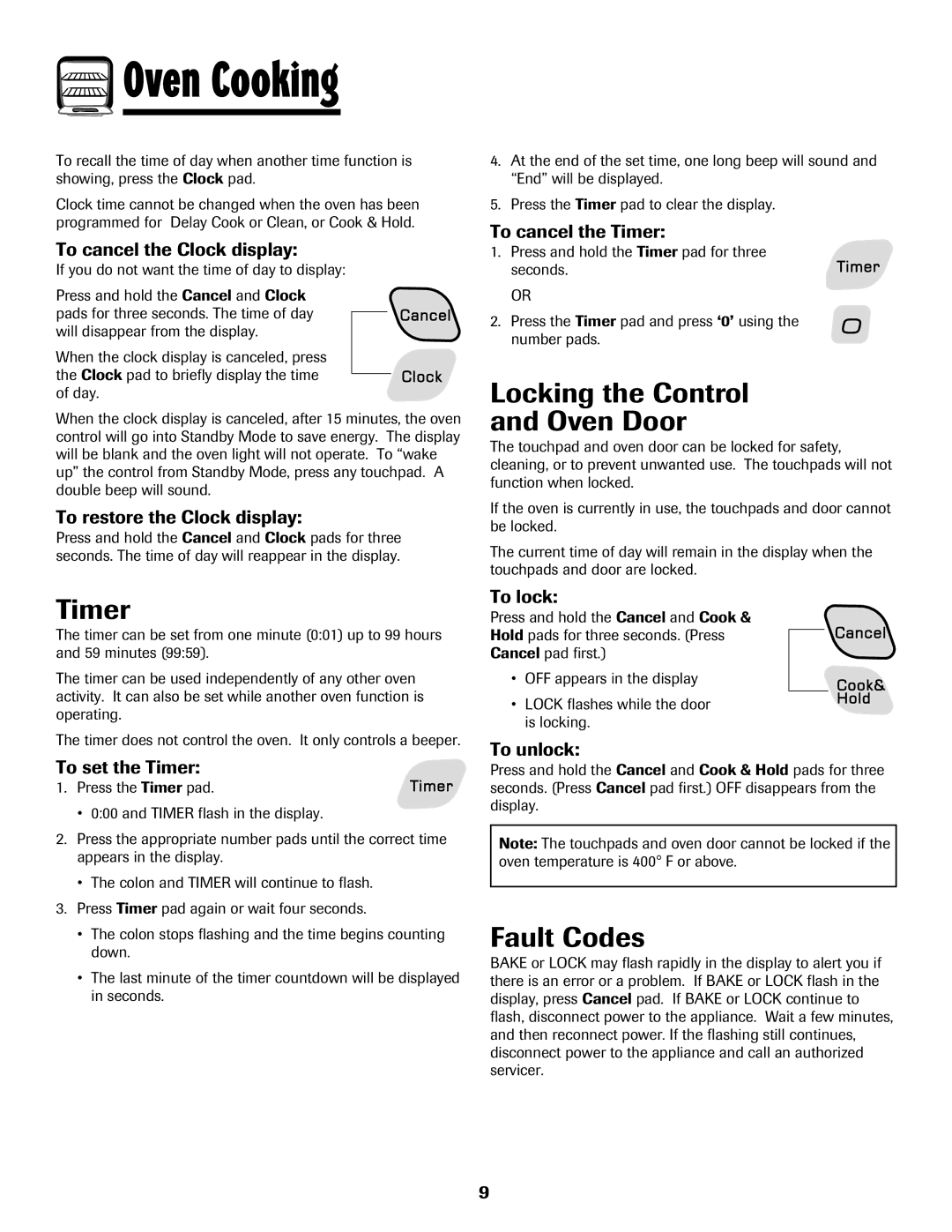 Amana 8113P765-60 important safety instructions Timer, Locking the Control Oven Door, Fault Codes 