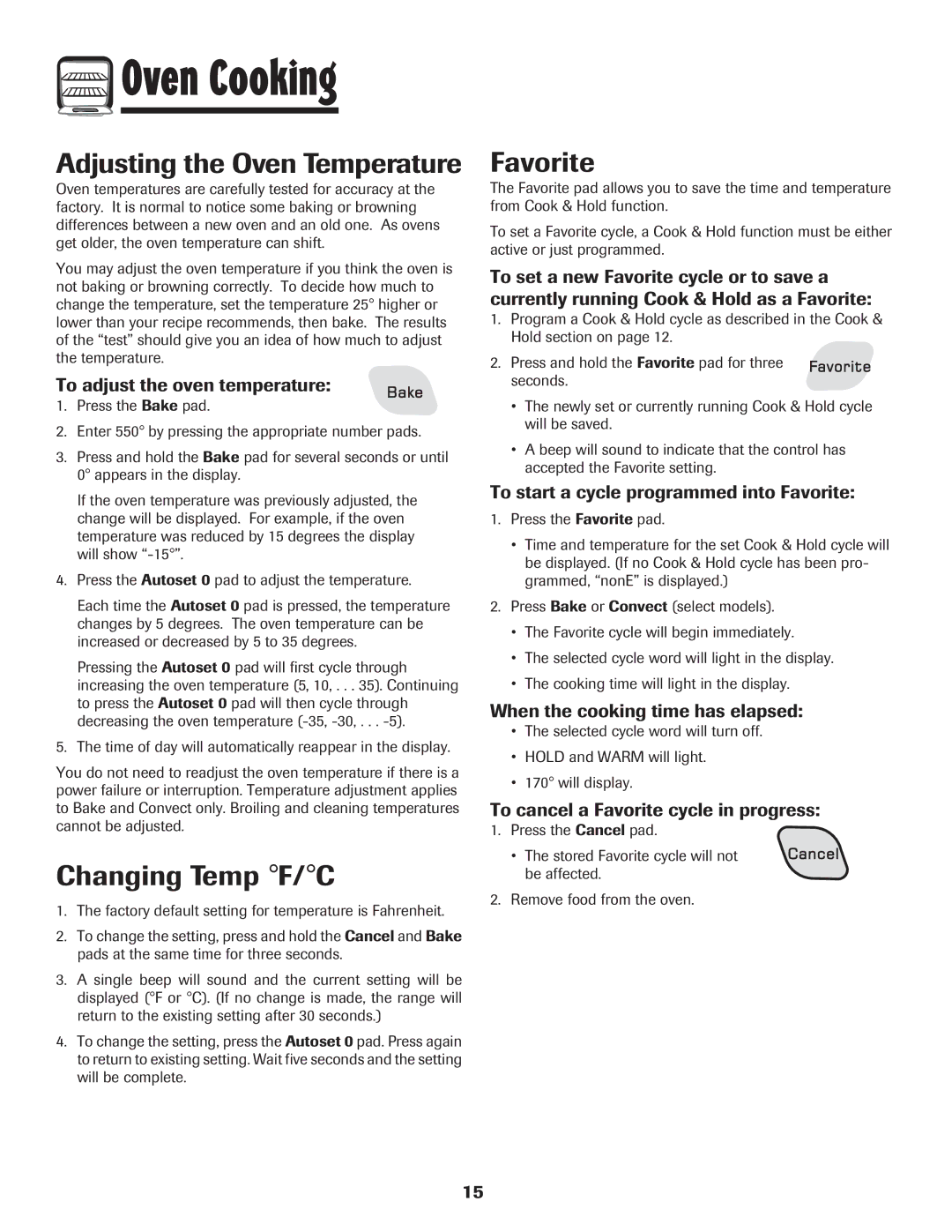 Amana 8113P765-60 important safety instructions Adjusting the Oven Temperature, Changing Temp F/C, Favorite 