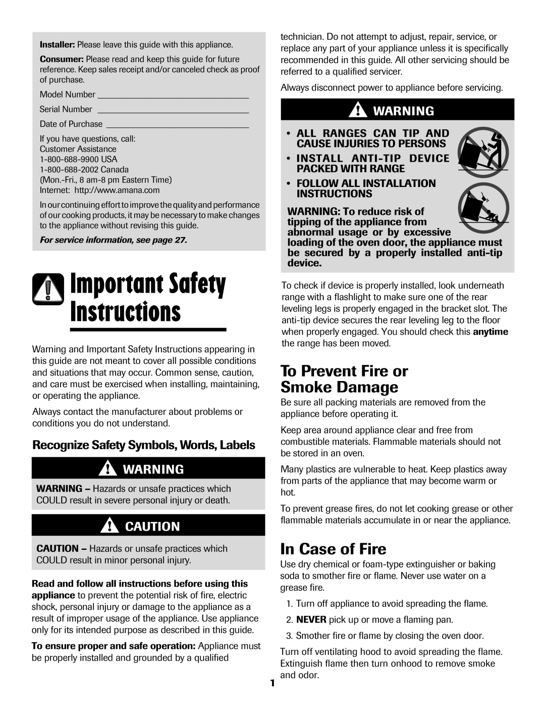 Amana 8113P765-60 Instructions, To Prevent Fire or Smoke Damage, Case of Fire, Recognize Safety Symbols, Words, Labels 