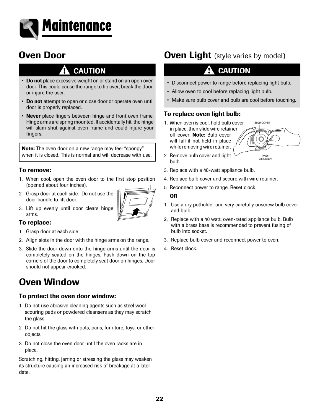 Amana 8113P765-60 Maintenance, Oven Window, Oven Light style varies by model, To protect the oven door window 