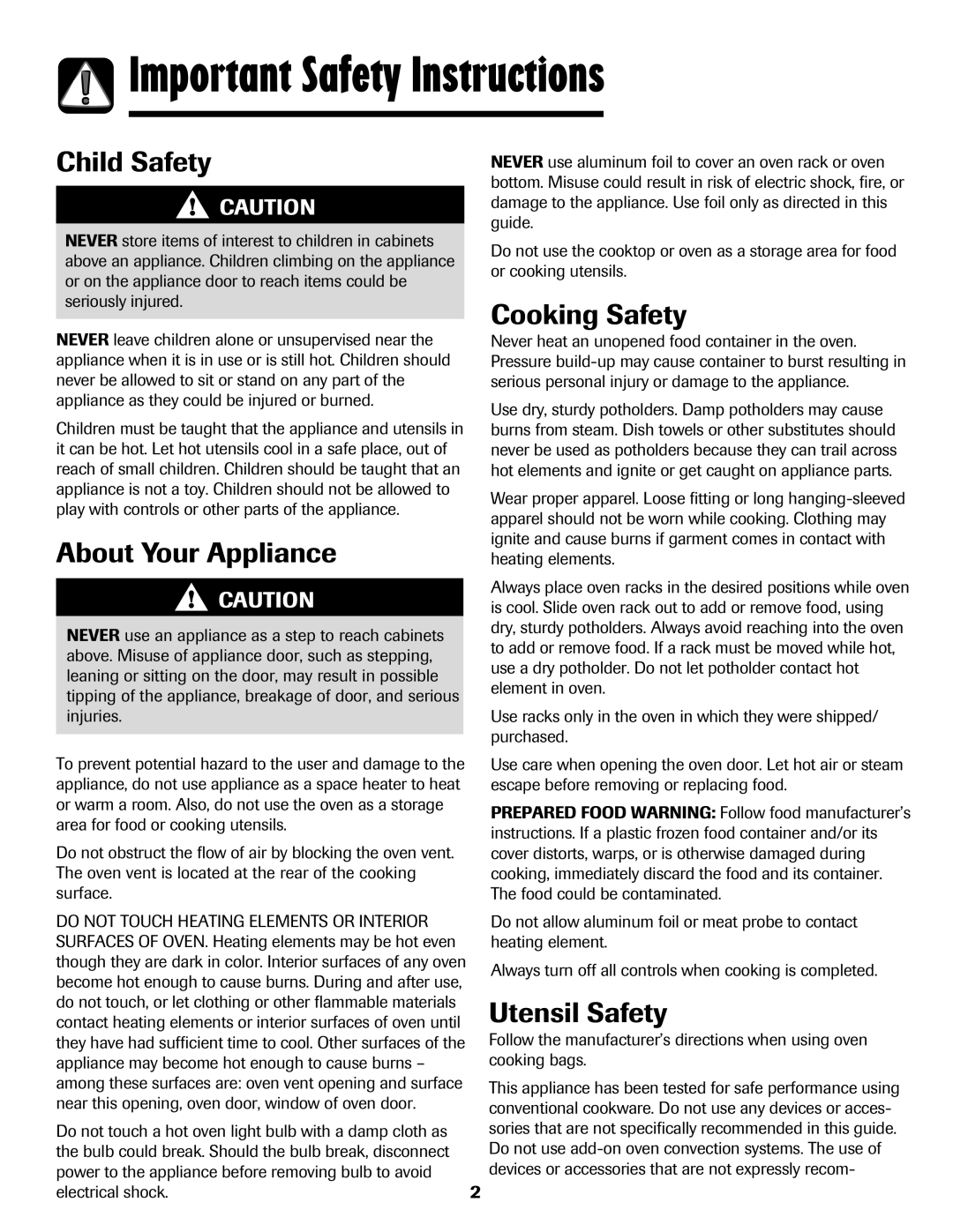 Amana 8113P765-60 Important Safety Instructions, Child Safety, About Your Appliance, Cooking Safety, Utensil Safety 