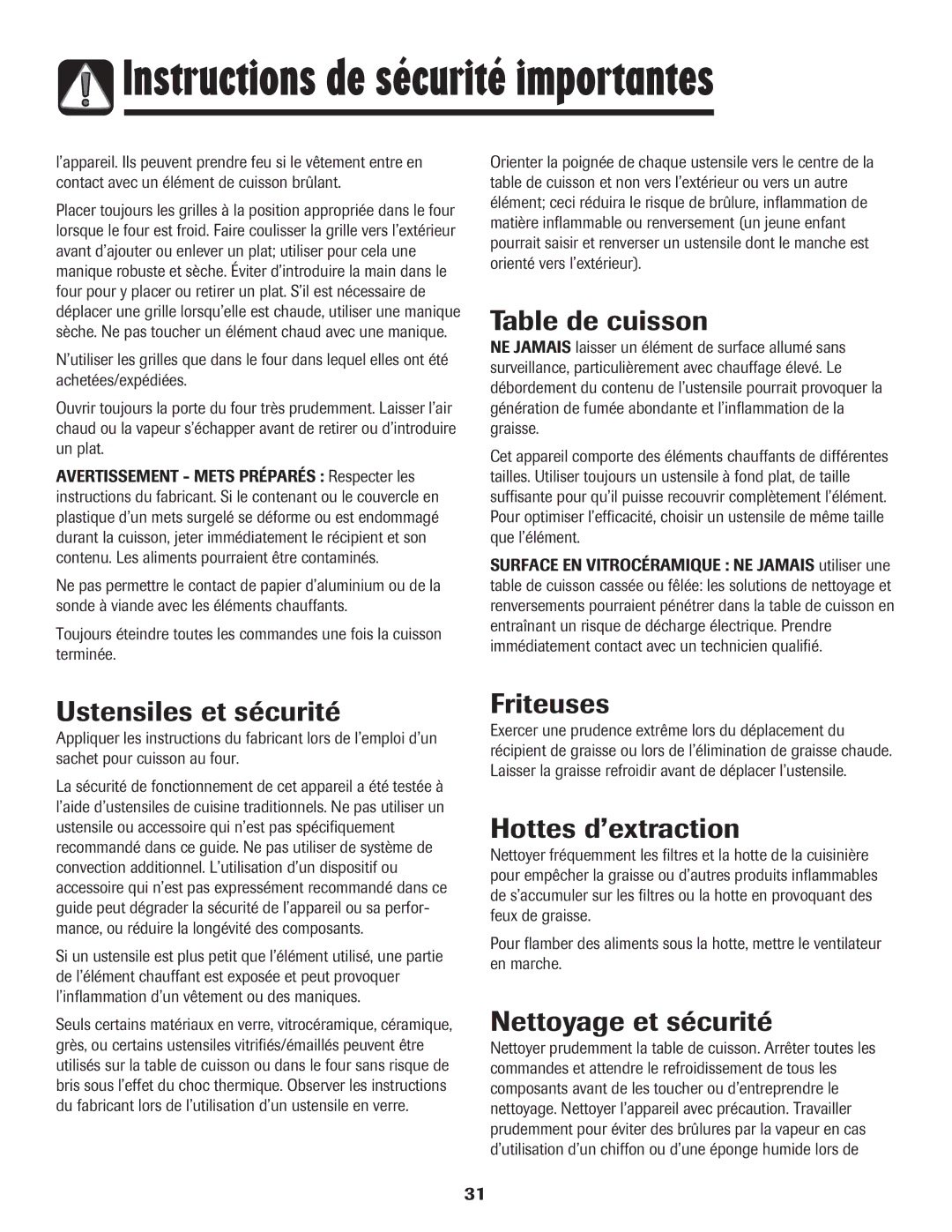 Amana 8113P765-60 Table de cuisson, Ustensiles et sécurité, Friteuses, Hottes d’extraction, Nettoyage et sécurité 