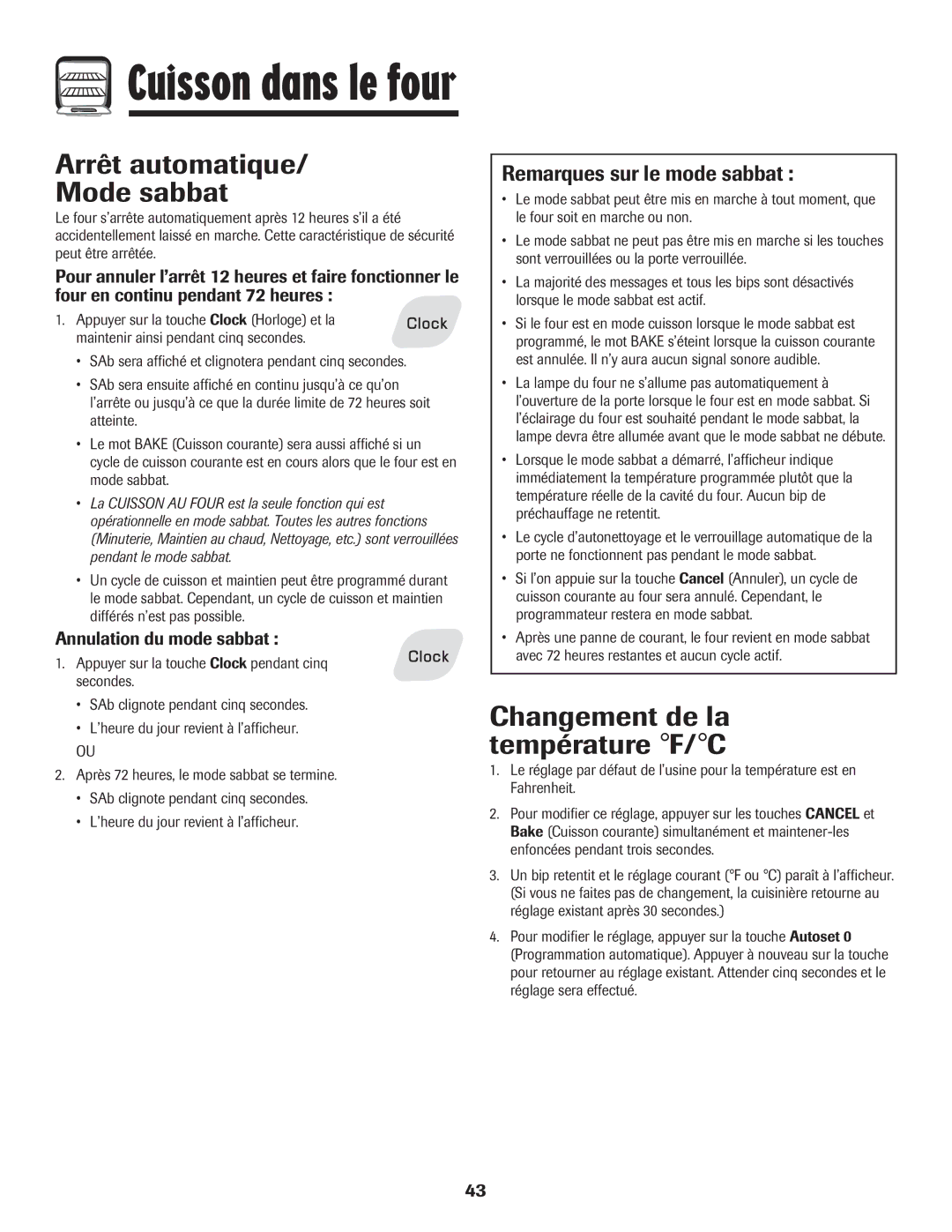 Amana 8113P765-60 Arrêt automatique Mode sabbat, Changement de la température F/C, Remarques sur le mode sabbat 