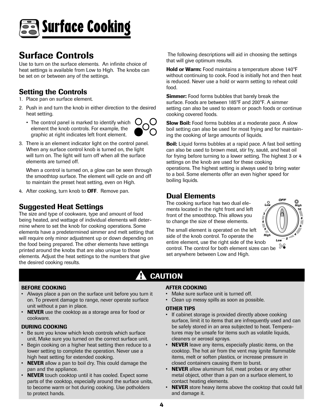 Amana 8113P765-60 Surface Controls, Setting the Controls, Suggested Heat Settings, Dual Elements 