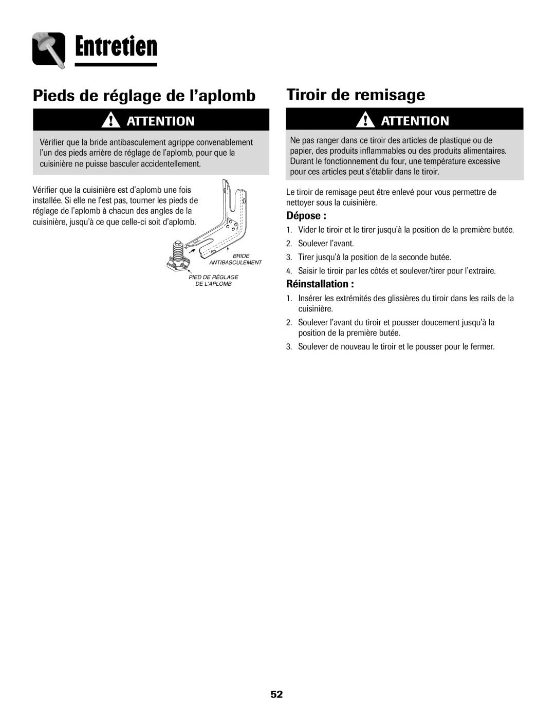 Amana 8113P765-60 important safety instructions Pieds de réglage de l’aplomb, Tiroir de remisage, Dépose 