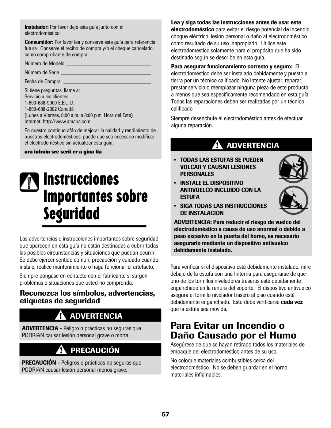 Amana 8113P765-60 important safety instructions Para Evitar un Incendio o Daño Causado por el Humo, Fecha de Compra, Canadá 