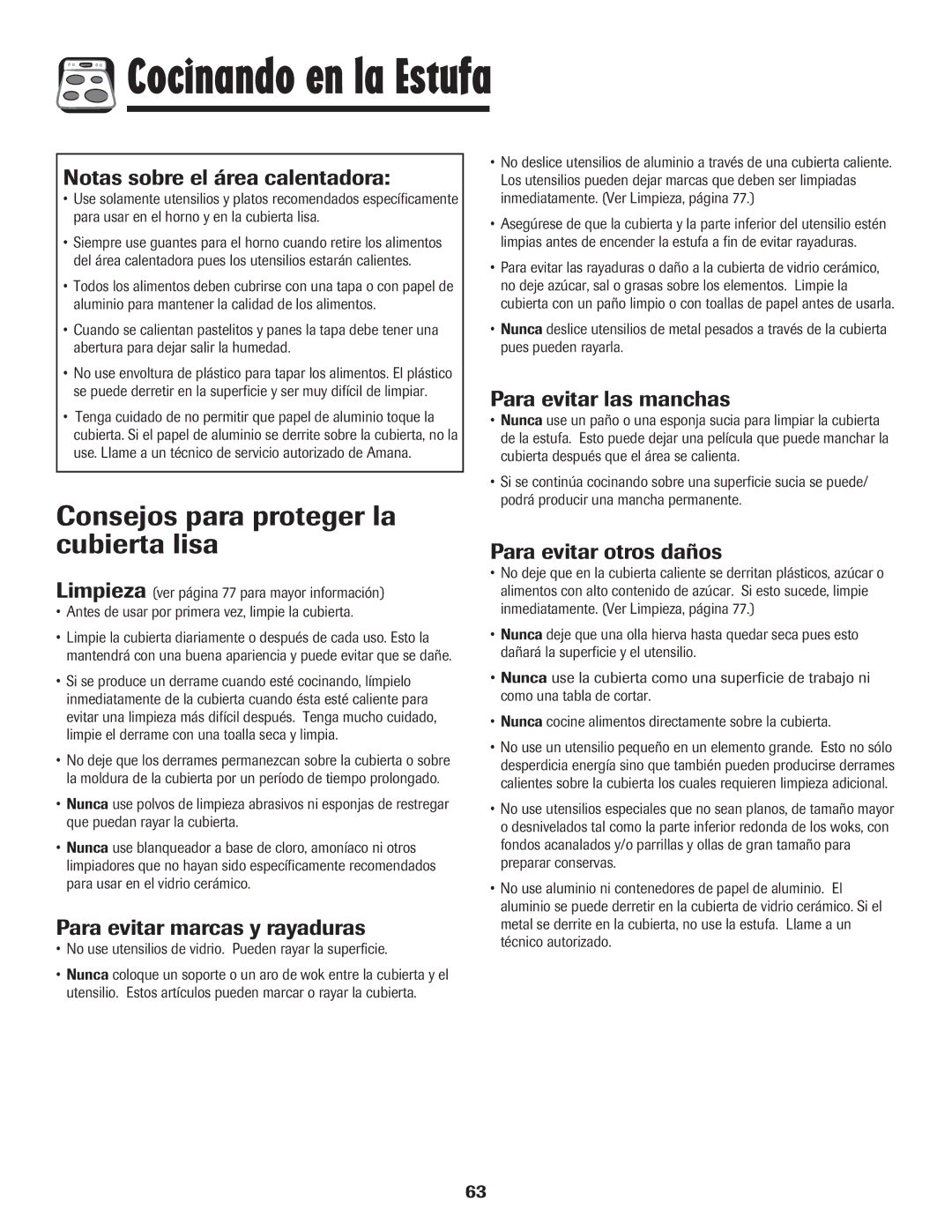 Amana 8113P765-60 Consejos para proteger la cubierta lisa, Notas sobre el área calentadora, Para evitar marcas y rayaduras 