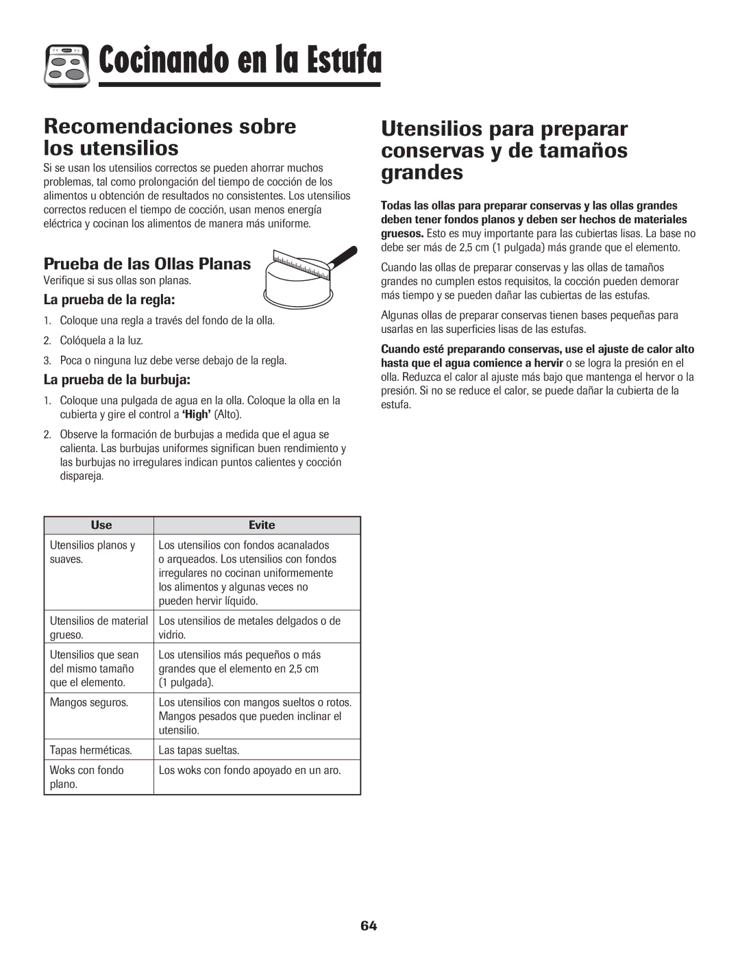 Amana 8113P765-60 Recomendaciones sobre los utensilios, Utensilios para preparar conservas y de tamaños grandes 