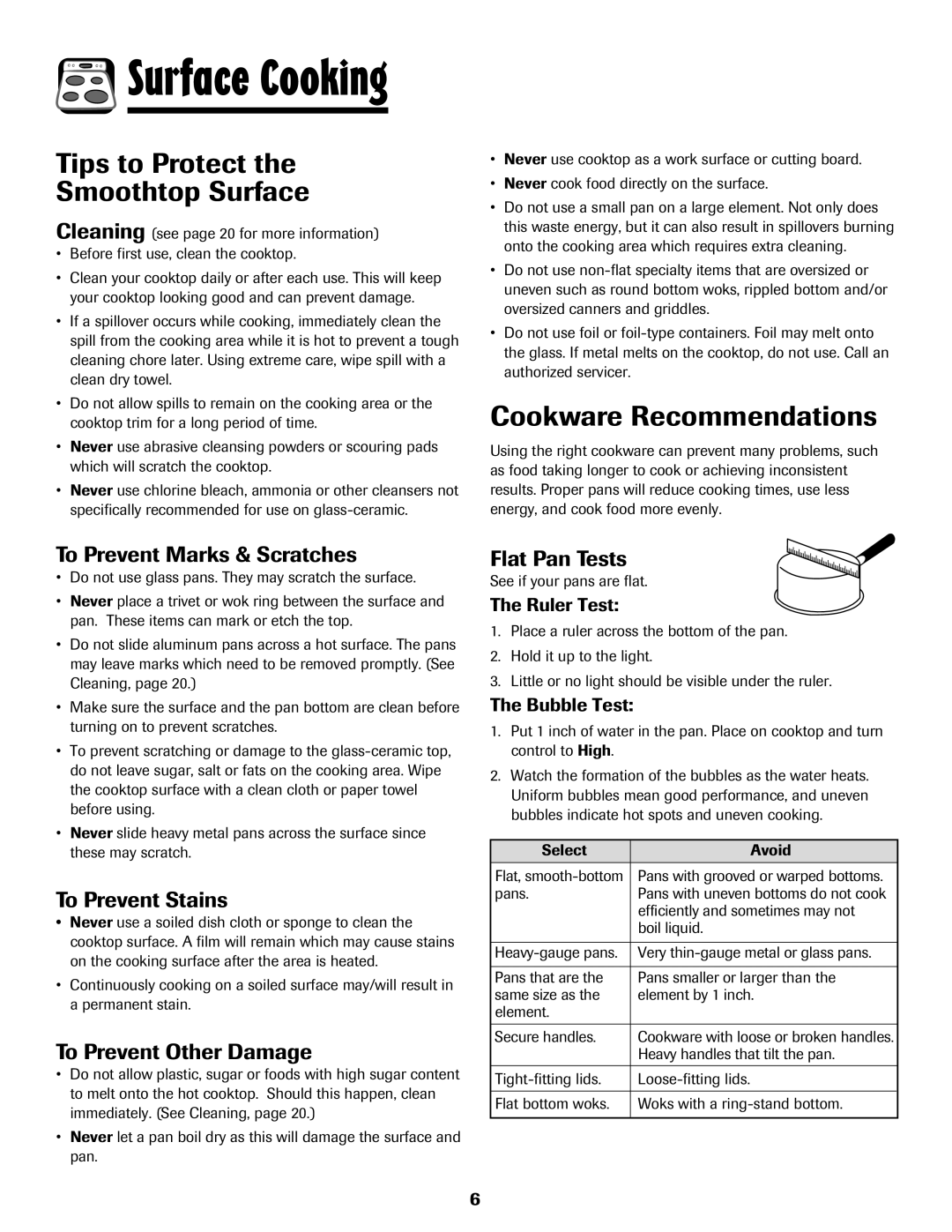 Amana 8113P765-60 important safety instructions Tips to Protect Smoothtop Surface, Cookware Recommendations 