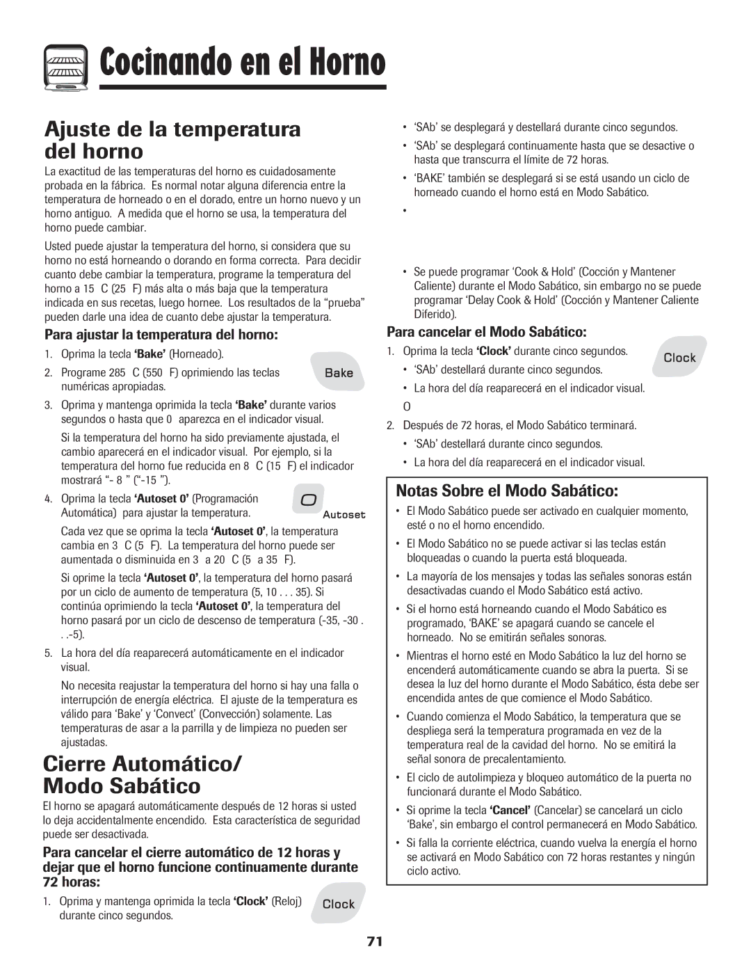 Amana 8113P765-60 Ajuste de la temperatura del horno, Cierre Automático Modo Sabático, Notas Sobre el Modo Sabático 