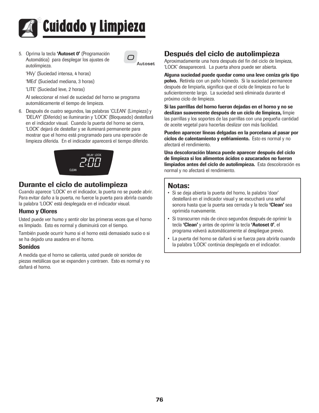 Amana 8113P765-60 Después del ciclo de autolimpieza, Durante el ciclo de autolimpieza, Humo y Olores, Sonidos 