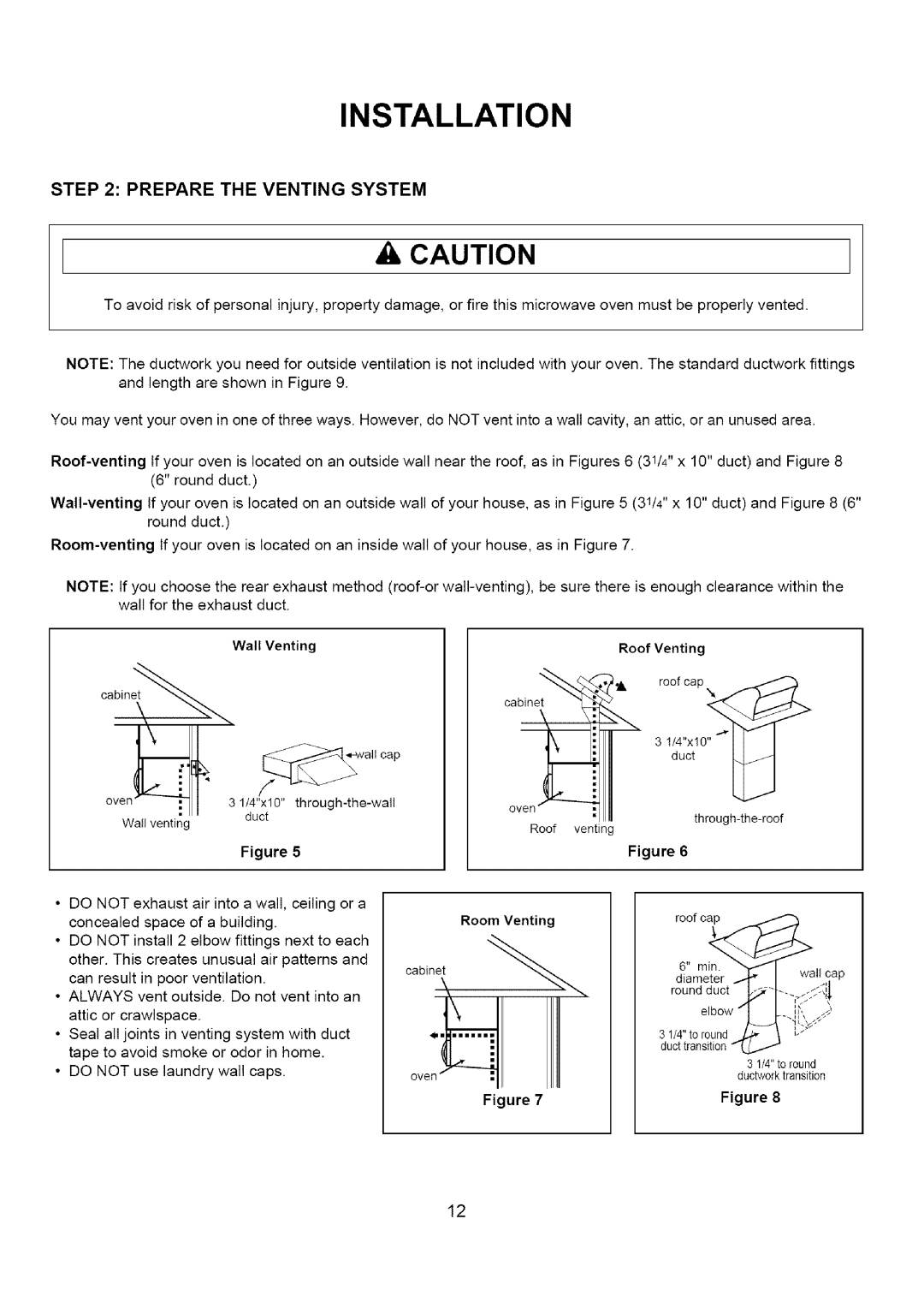 Amana A CO15ZOA owner manual Prepare the Venting System, Wall Venting Roof Venting 