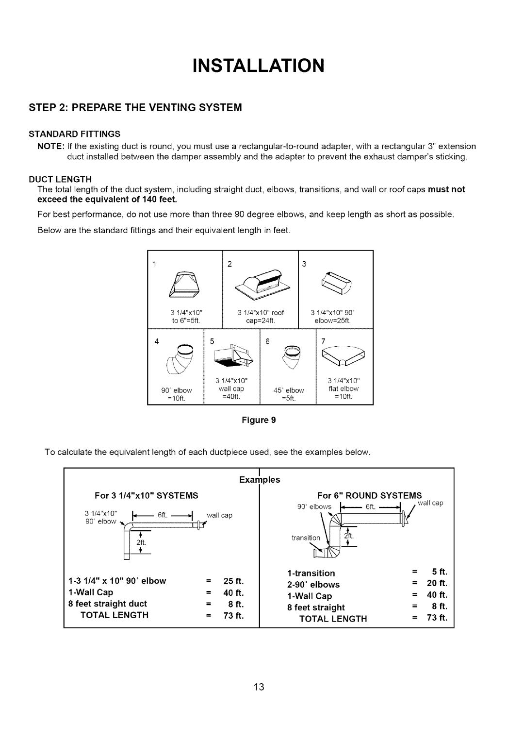 Amana A CO15ZOA owner manual Standard Fittings Duct Length, Systems, Total Length 