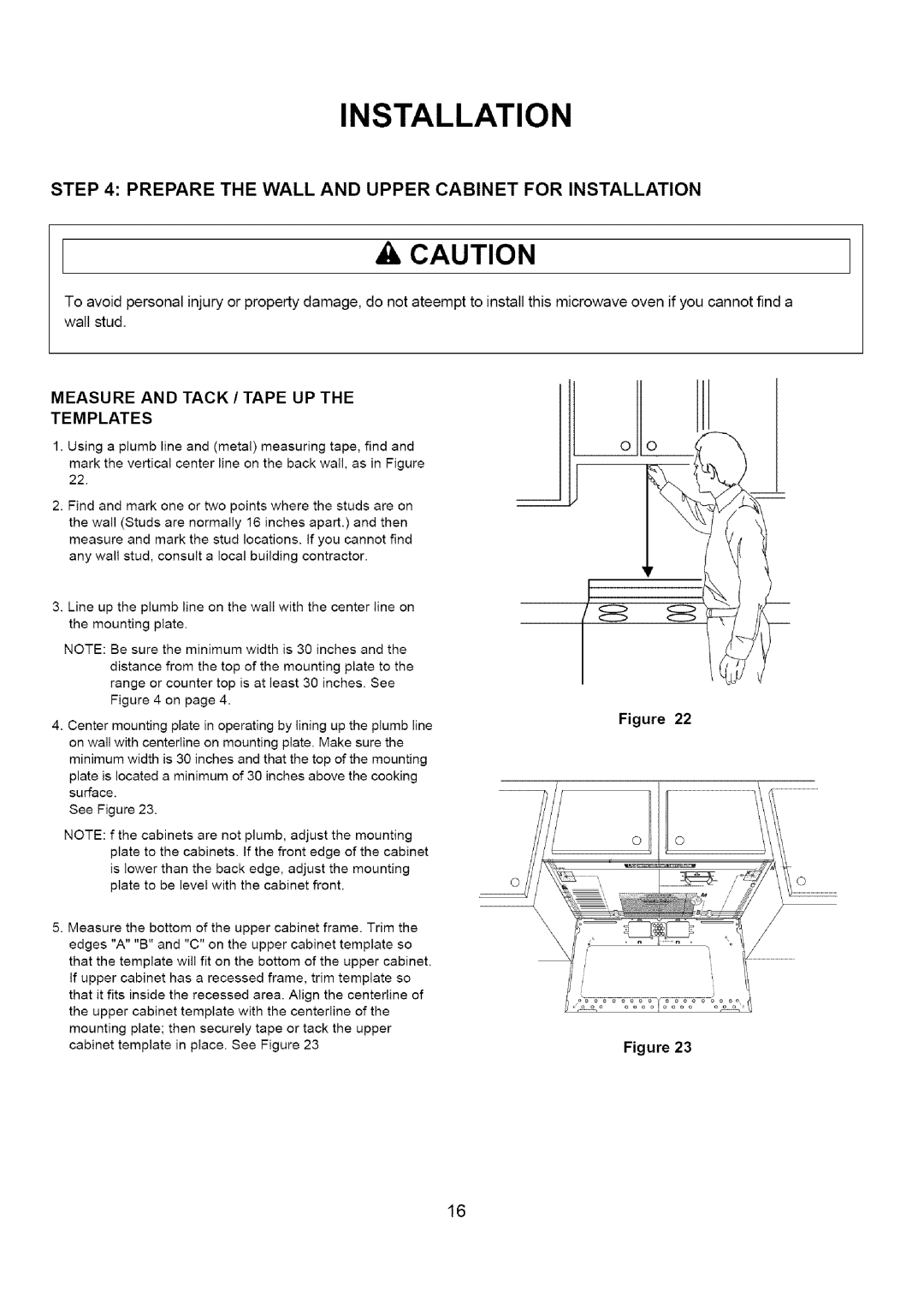 Amana A CO15ZOA owner manual Prepare the Wall and Upper Cabinet for Installation, Measure and Tack / Tape UP Templates 