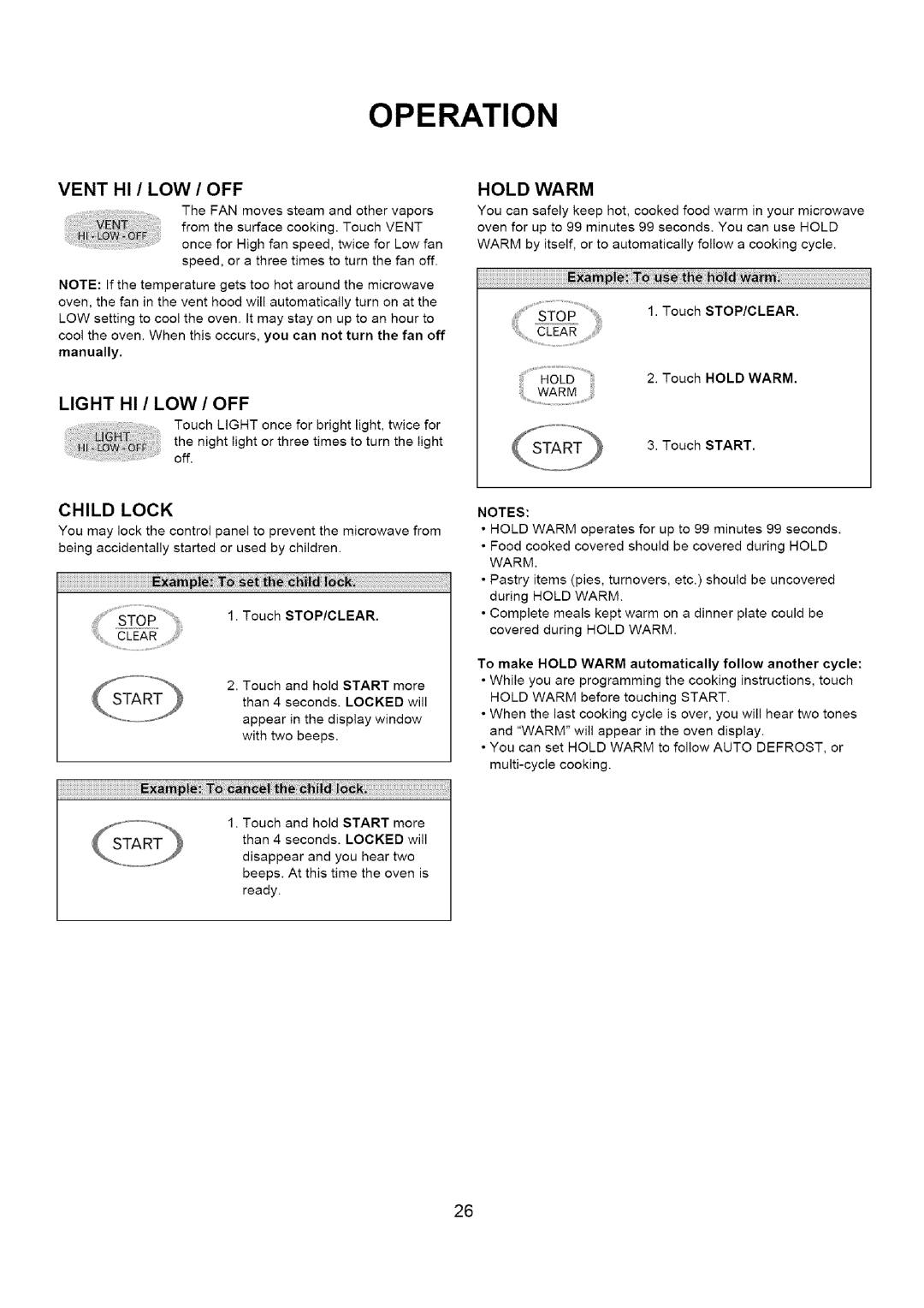 Amana A CO15ZOA owner manual Vent HI / LOW / OFF, Light HI / LOW / OFF 