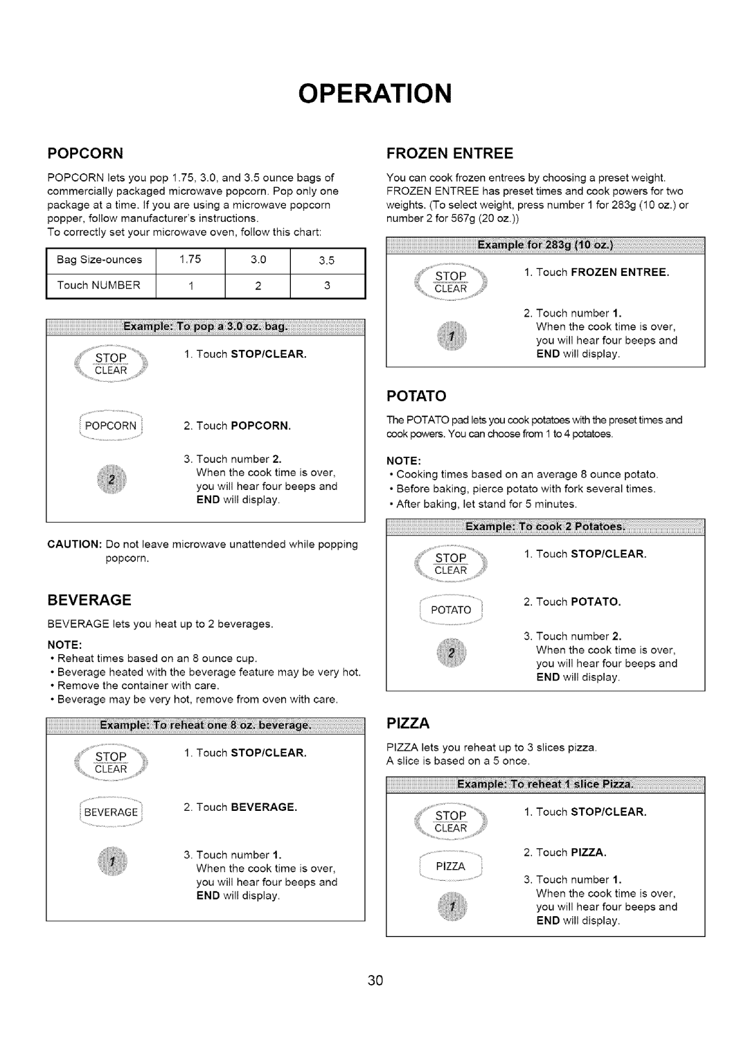 Amana A CO15ZOA owner manual Popcorn, Potato, Pizza 